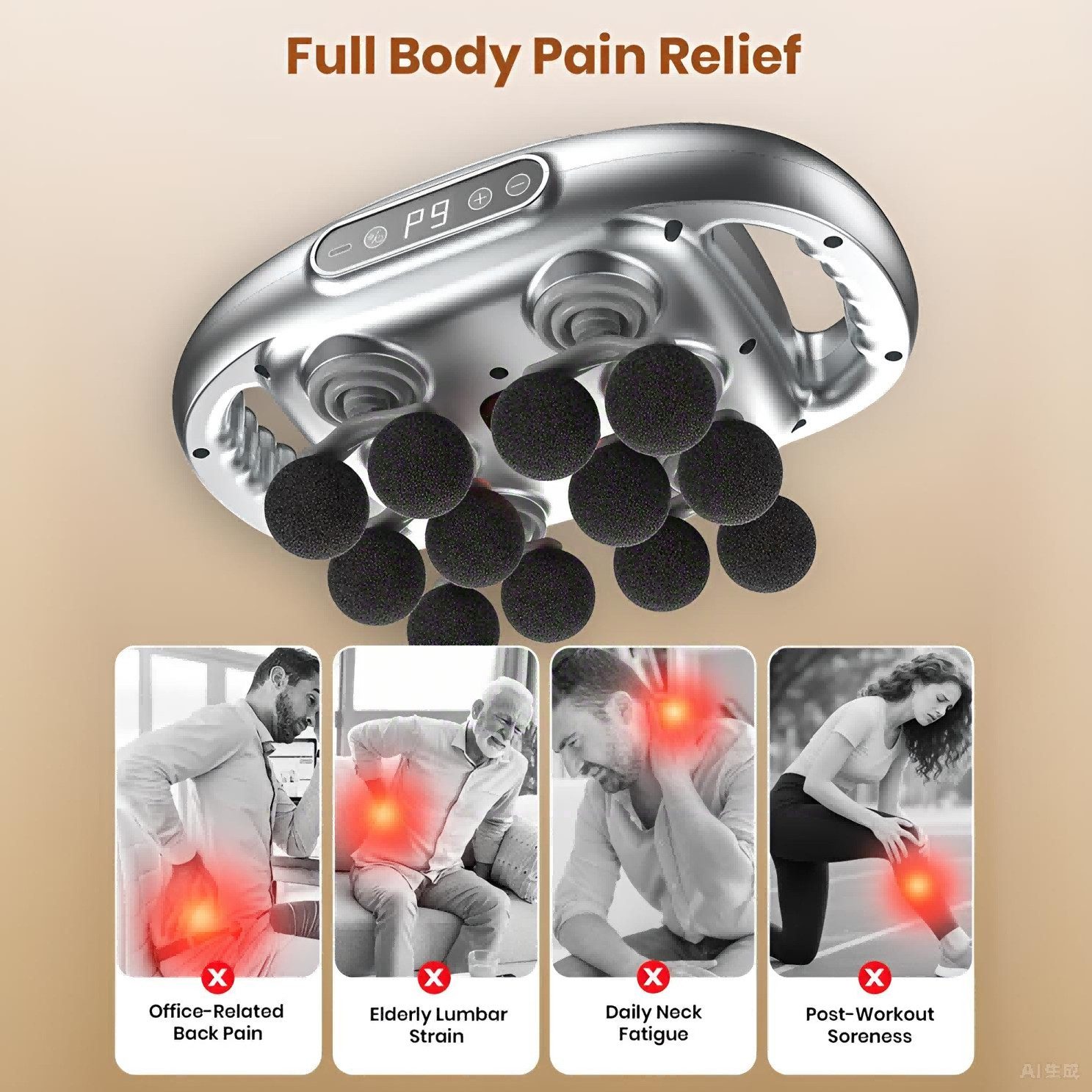 ibettertec Massagegerät Massagegerät, 2-in-1-Nacken-Schulter-Rücken-Massagegerät, mit 12 Massageköpfen, Muskelmassagegerät mit 9 Intensitätsstufen, Geschenk, elektrische Massagepistole