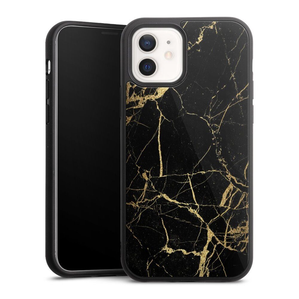 DeinDesign Handyhülle Marmor schwarz Muster BlackGoldMarble Look, Apple iPhone 12 Gallery Case Glas Hülle Schutzhülle 9H Gehärtetes Glas