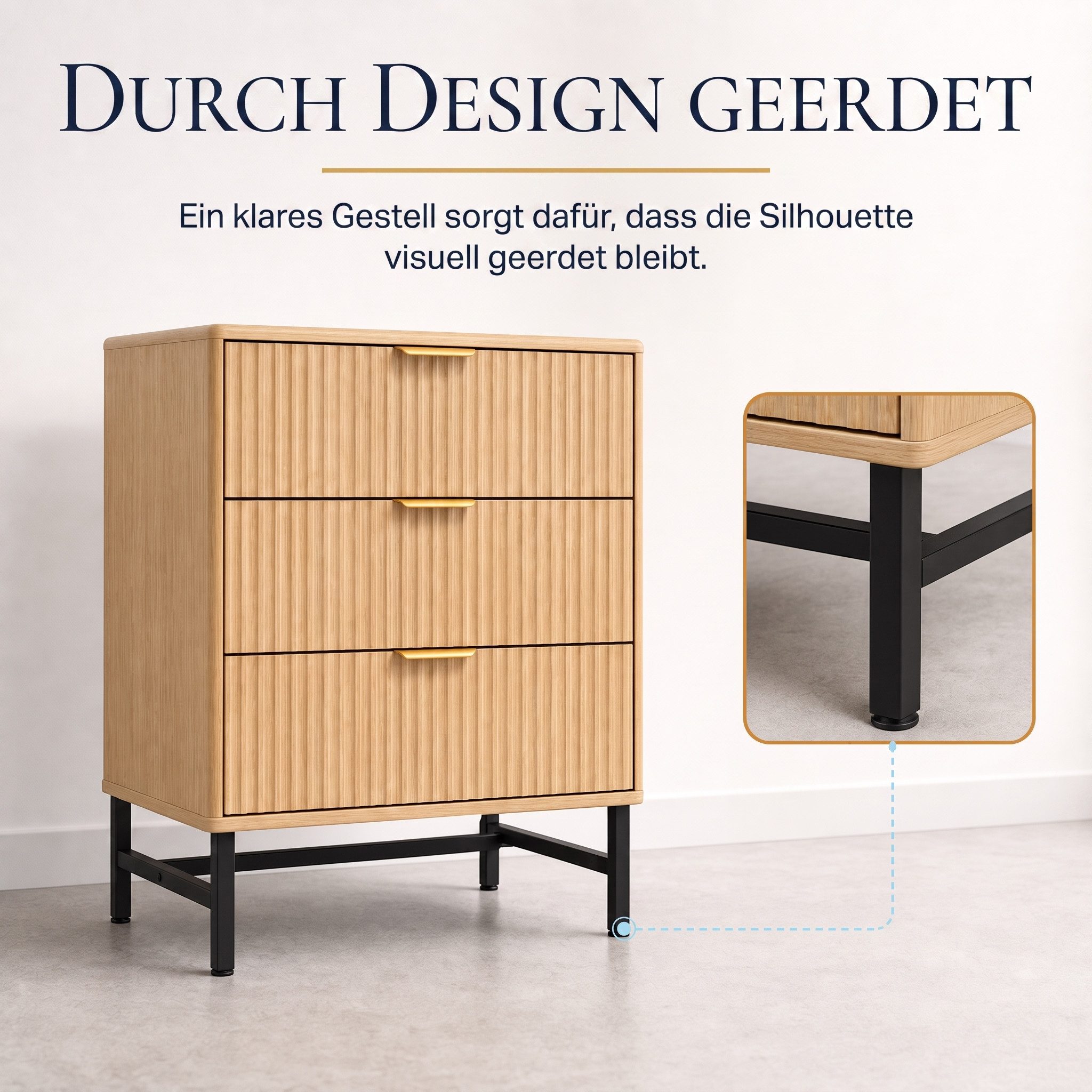 Jiexi Kommode Kommode mit 3 Schubladen 60x40cm Rillendesign Metallgestell – Bild 5 von 5