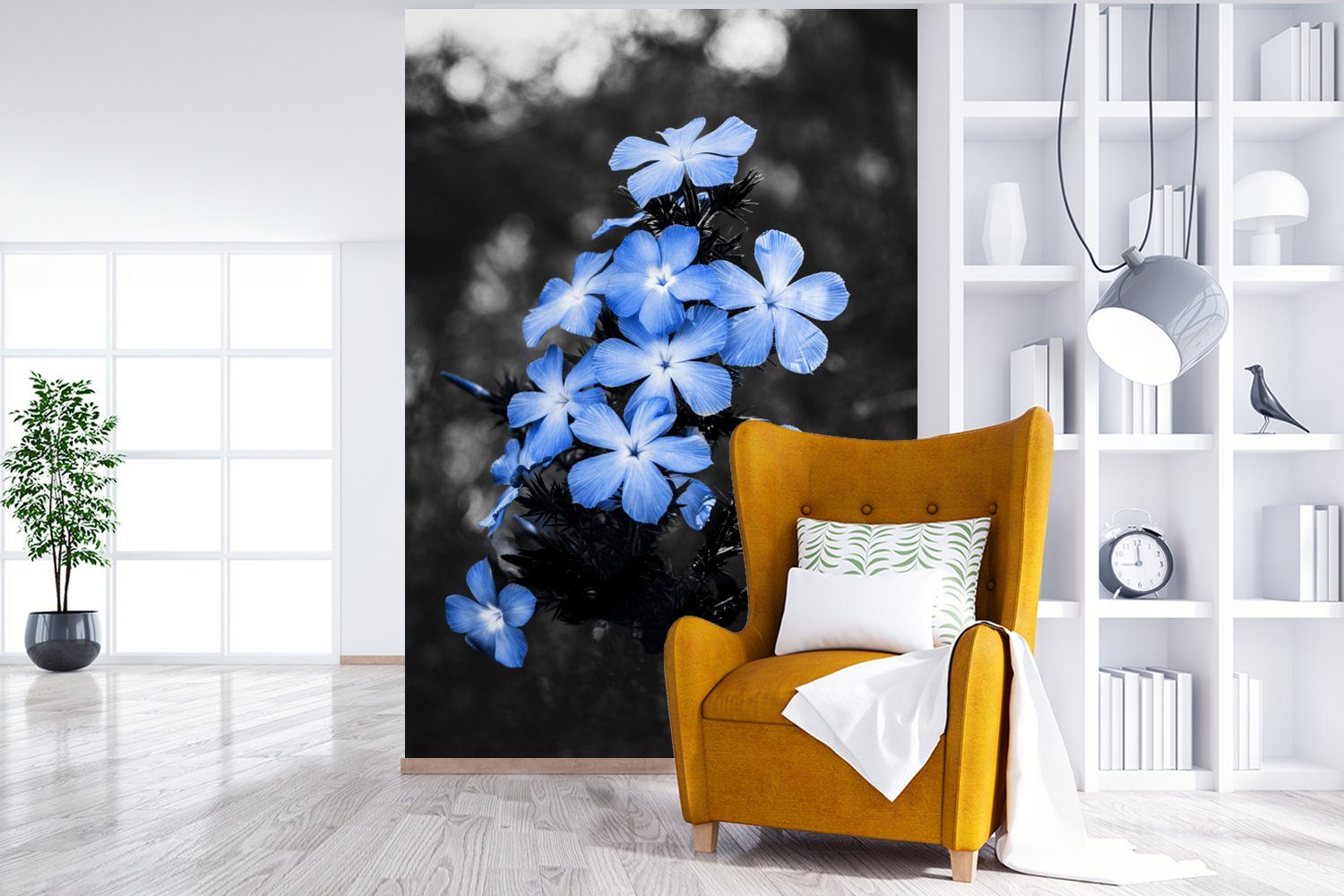 MuchoWow Fototapete Blumen - Tapete Blau, Vinyl Wandtapete bedruckt, Matt, - Weiß Wohnzimmer, (3 für St), - Montagefertig Schwarz