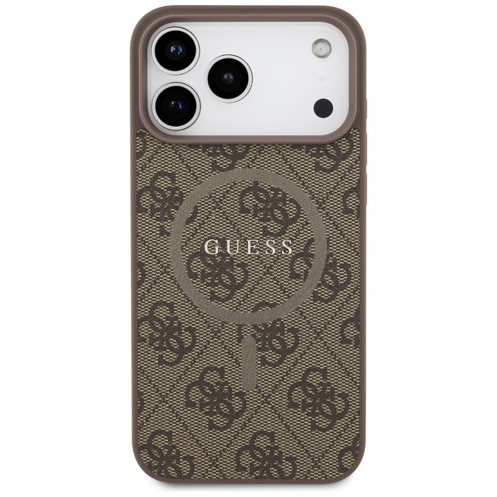Guess Handyhülle MagSafe iPhone 17 Pro Max Kunstleder braun Logo Metall goldfarben 6,9 Zoll, Kantenschutz