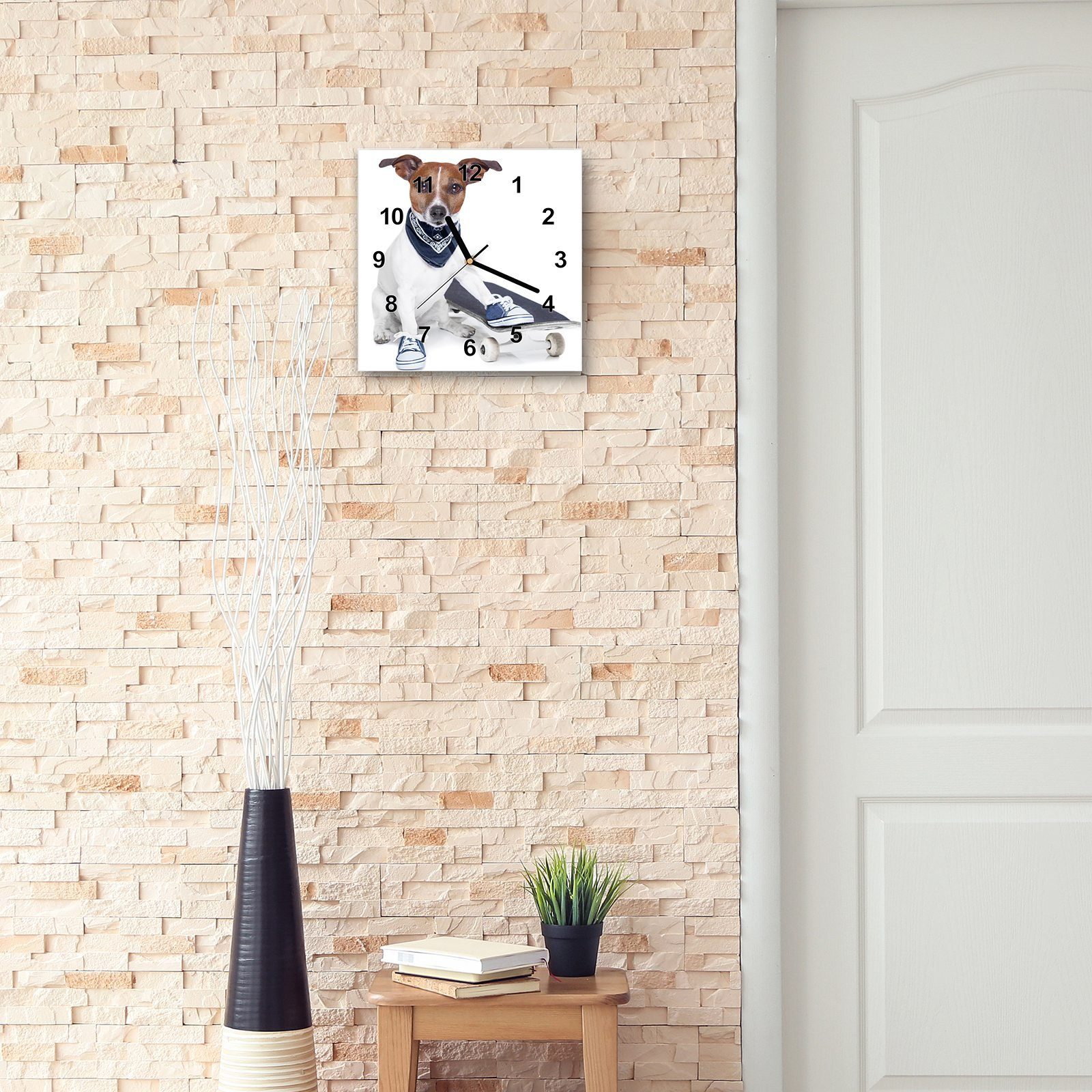 Motiv Rollbrett Wanduhr mit Wanduhr Glasuhr Größe 30 30 x Primedeco Wandkunst auf Hund cm