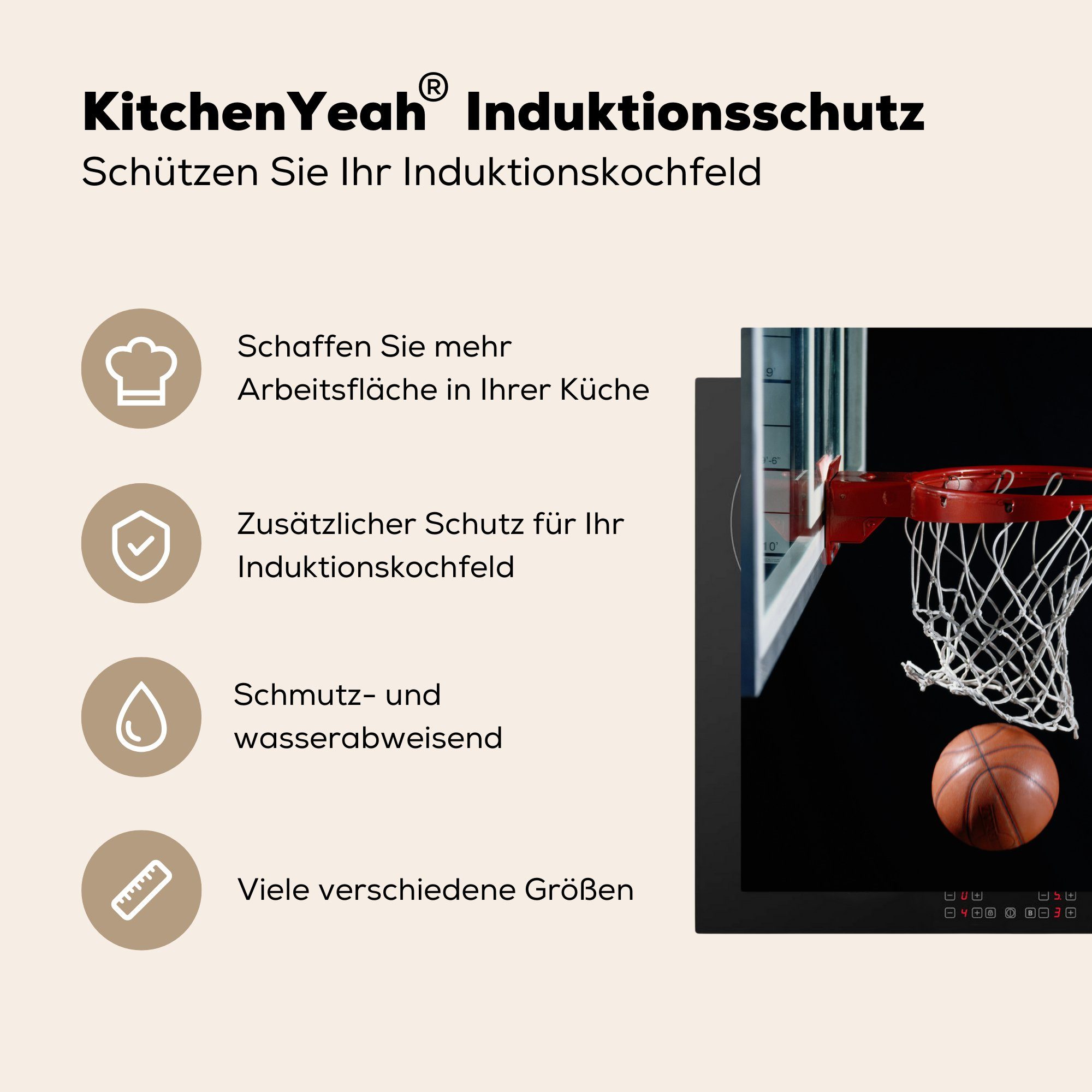 Herdblende-/Abdeckplatte küche Hintergrund, Basketball MuchoWow dem schwarzem neben Korb 78x78 Vinyl, tlg), Ceranfeldabdeckung, (1 auf cm, Arbeitsplatte für Ein