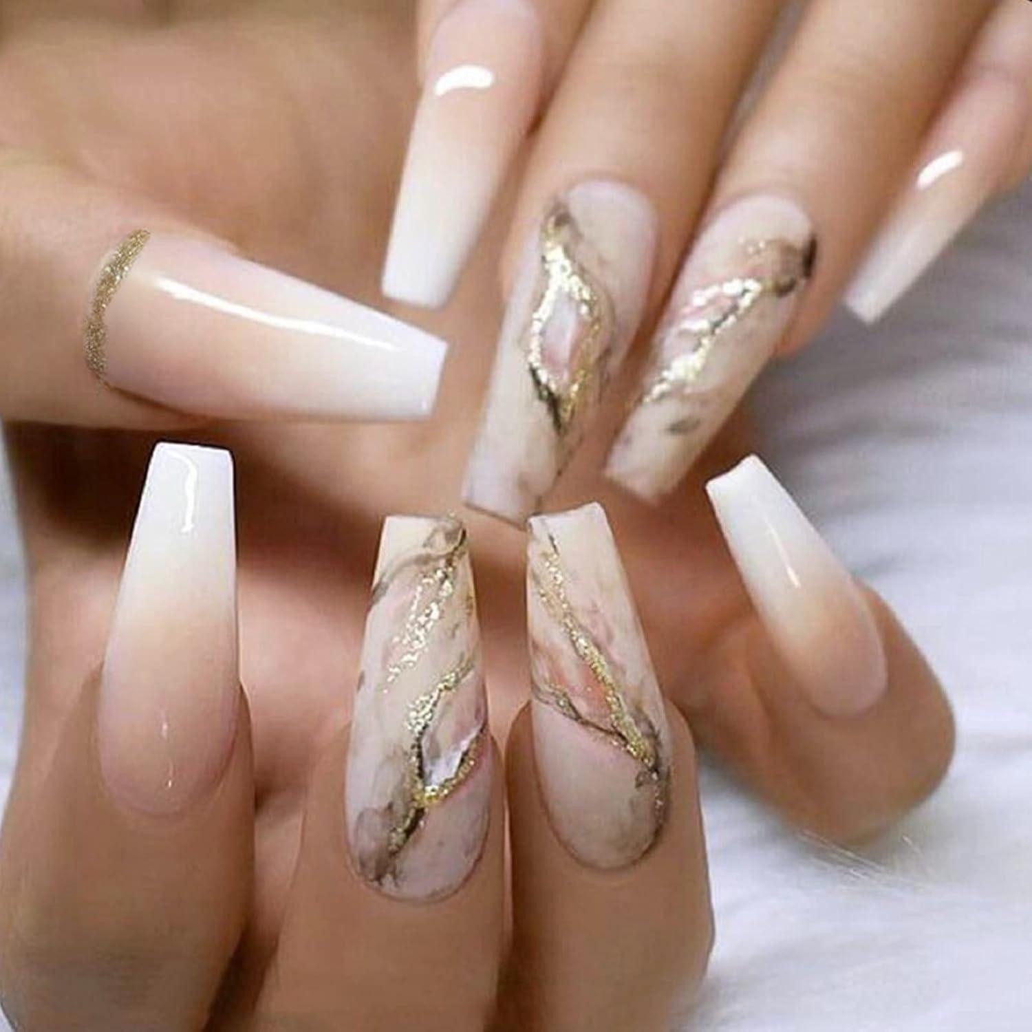 Kunstfingernägel 24 Stück Coffin Nägel Marble Gold Swirl French Künstliche Ballerina