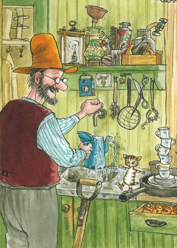 Postkarte "Pettersson und Findus Pettersson mit Findus in der Küche"