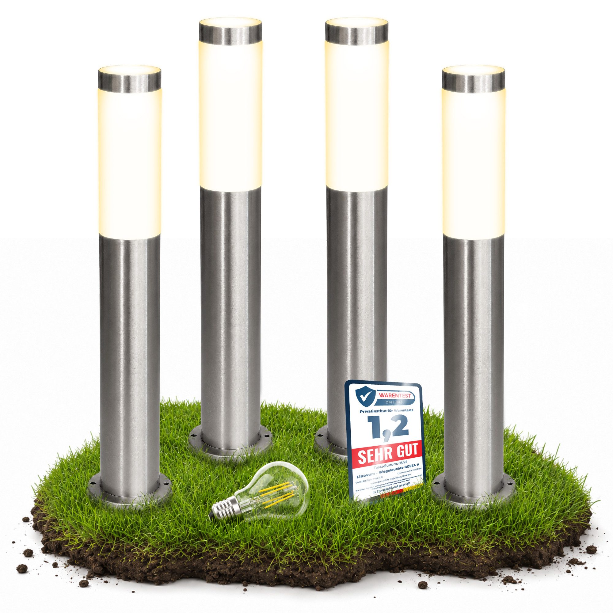 SSC-LUXon LED Pollerleuchte Wegeleuchte BOSEA-A aus Edelstahl IP44 inkl. LED E27 Birne warmweiß 4W, Warmweiß