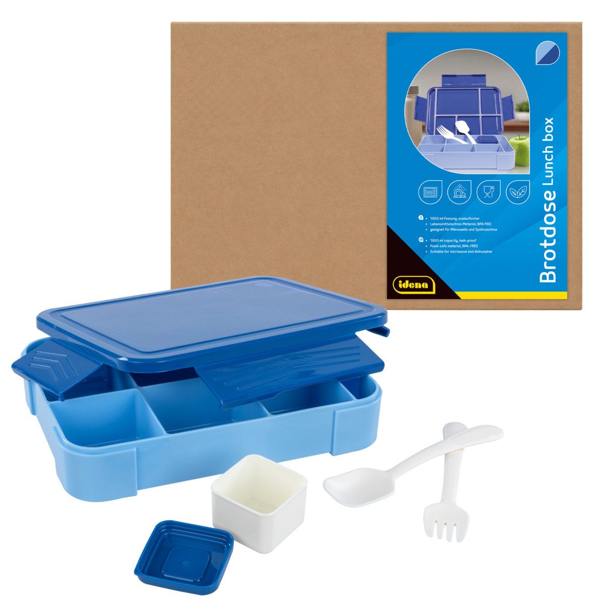 Idena Lunchbox Brotdose - mit Besteck & Snackbox, blau, 22,8 x 16,8 x 4,7 cm