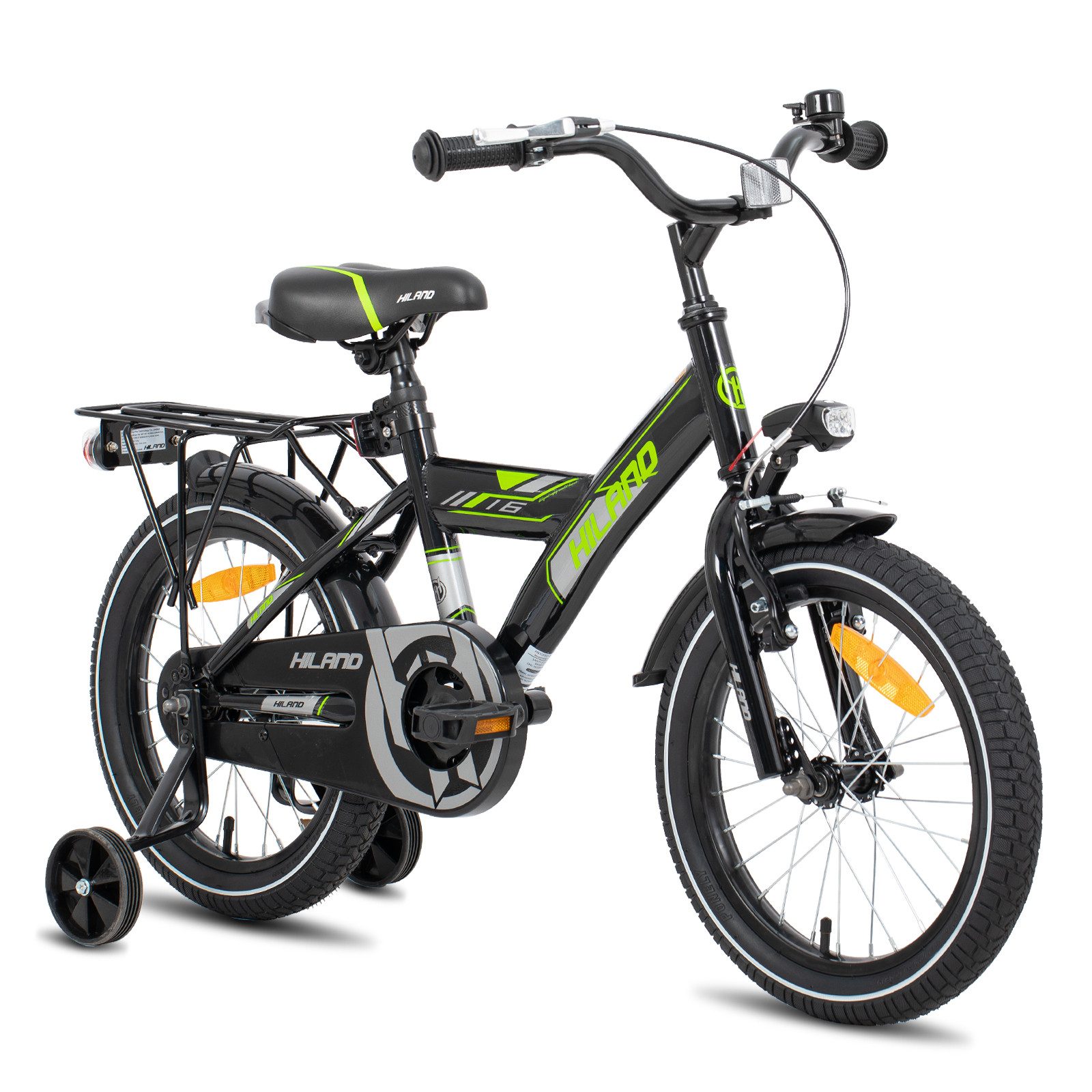 HILAND Kinderfahrrad Sentry 16/18 Zoll Jungen Kinderfahrrad für Kinder ab 4 bis 9 Jahren, 1 Gang, mit Rücksitz/Gepäckträger Stützräder Handbremse