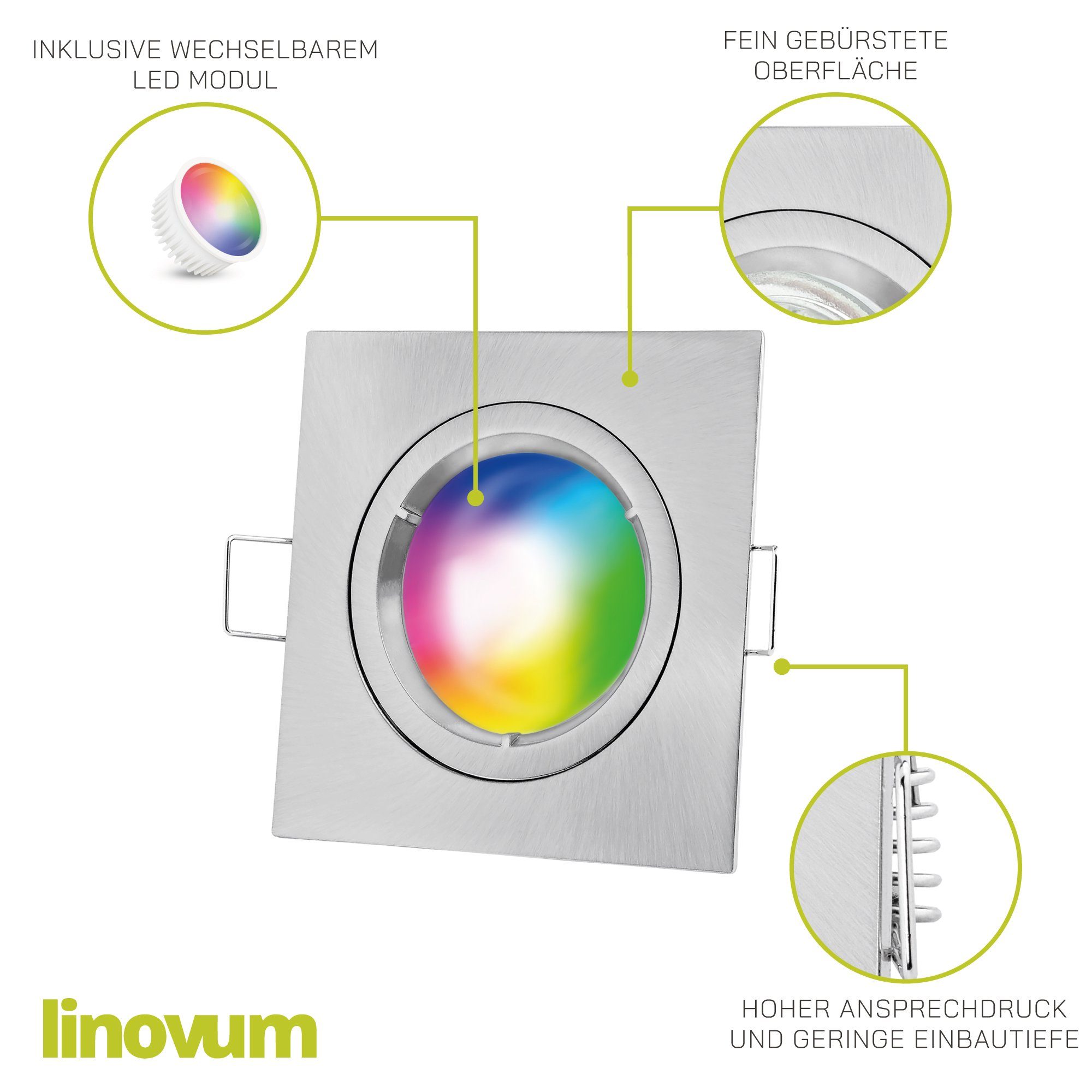 linovum LED Einbaustrahler Decken eckig GU10, inklusive Leuchtmittel Leuchtmittel Einbaustrahler silber inkl. gebuerstet flach inklusive