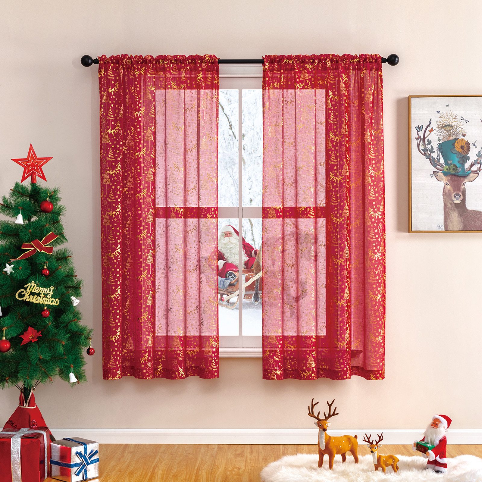 BTTO V&G Gardine Voile Gardinen Weihnachten Vorhänge Transparent Wohnzimmer,2er Set (2 St), halbtransparent, Stangentasche,luxuriöser Goldfolien Druck,Weihnachtsdeko