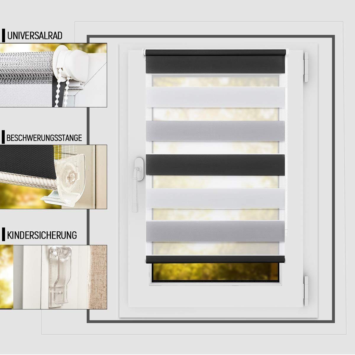 Doppelrollo doppelrollo Klemmfix ohne Bohren, OUBO, verdunkelnd, verspannt, Klämmträger, Lichtschutz schnelle und einfache Montage mit beiliegendem