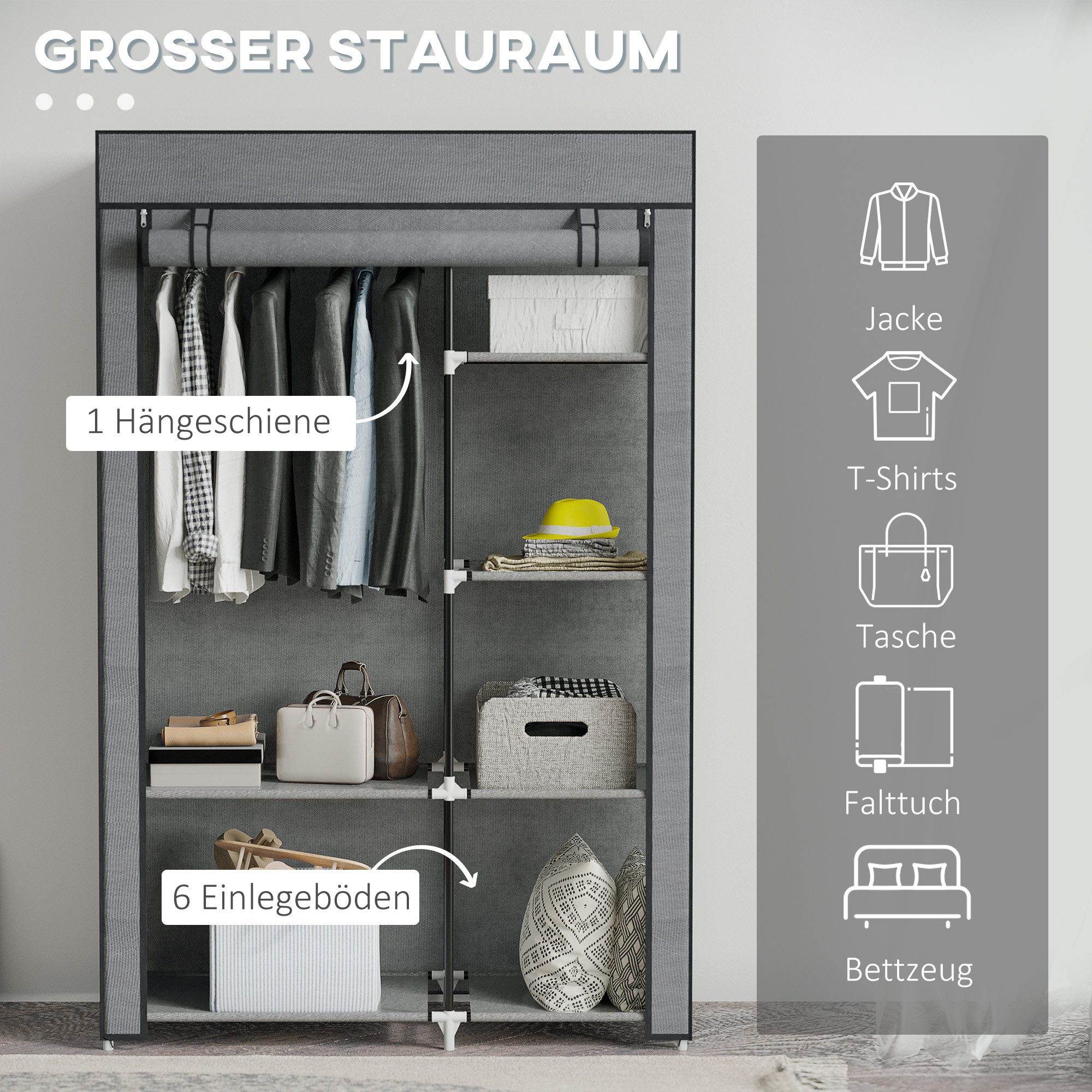 HOMCOM Stoffschrank Kleiderschrank mit 6 Ablagen und Kleiderstange (Faltbare Garderobe in Vlies-Optik, 1-St., Faltschrank für Schlafzimmer, Flur) Dunkelgrau, 10 – Bild 4 von 5