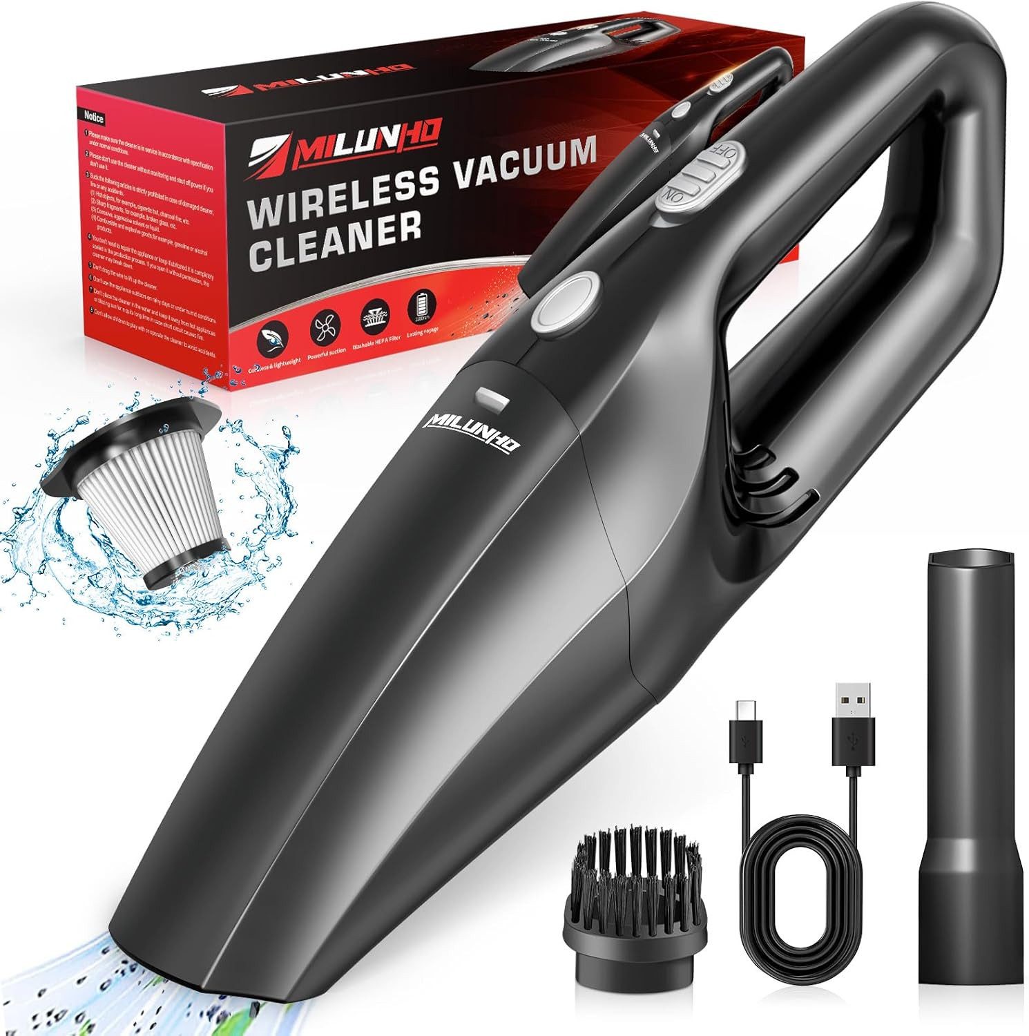 Vivitar Akku-Handstaubsauger Kabellos, LED-Licht mit HEPA-Filter & Zwei Aufsätze, 70 W, Staubbecher, Reinigungsset für die Innenraumreinigung im Auto, leistungsstarker