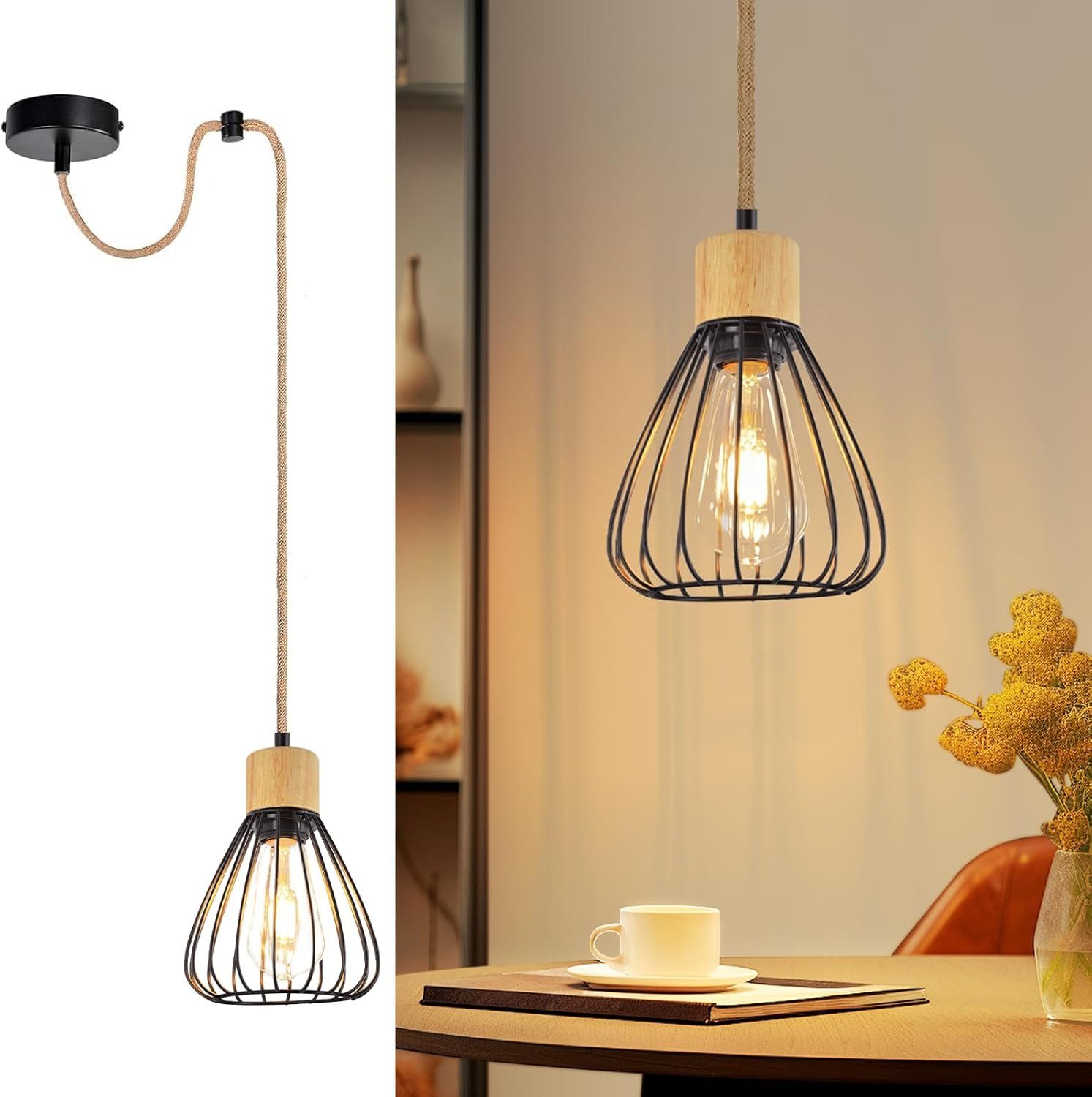 Nettlife Hängeleuchte Pendelleuchte Esszimmer Vintage Schwarz Metall Holz E27 Hanfseil, LED wechselbar, Industrial Esstisch Pendellampe für Wohnzimmer