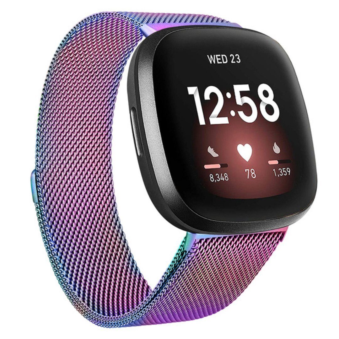 Fitbit Magnetisches Versa Für stufenlos 3 verstellbar SmartUP Design, zeitloses Armband Atmungaktiv, Edelstahl Uhrenarmband Milanese, Regenbogen