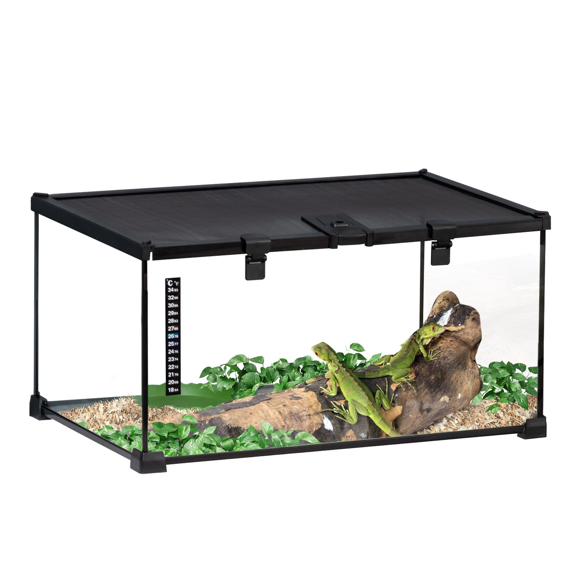 PawHut Terrarium mit Thermometer, Metall Schwarz 50 x 30 x 35 cm