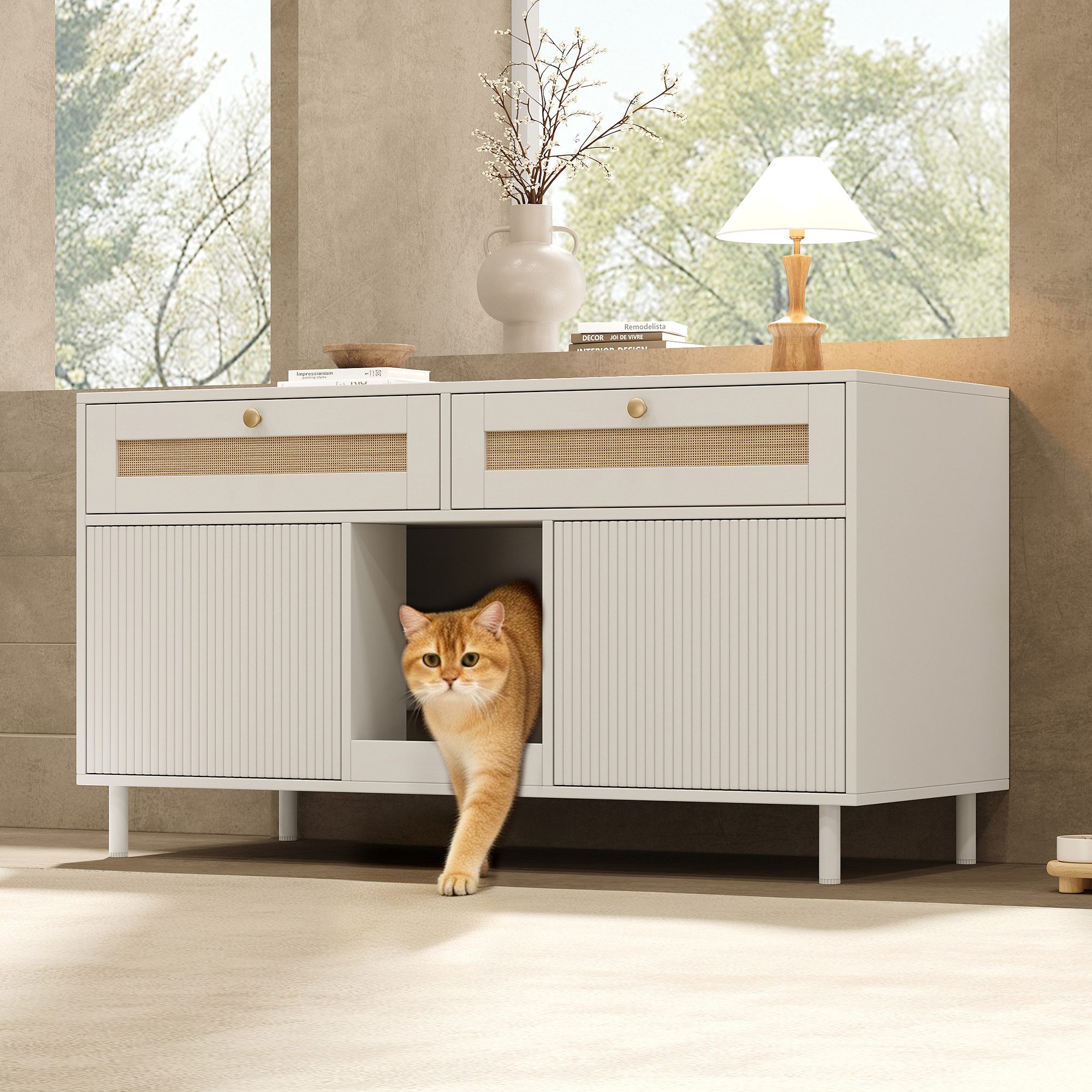 Flieks Mehrzweckschrank Katzentoilettenschrank mit Katzenstreufangmatte und Rattan-Schubladen (1-St., 120x50x65 cm) Katzenstreuwanne-Schrank Tierhaus Sideboard Weiß