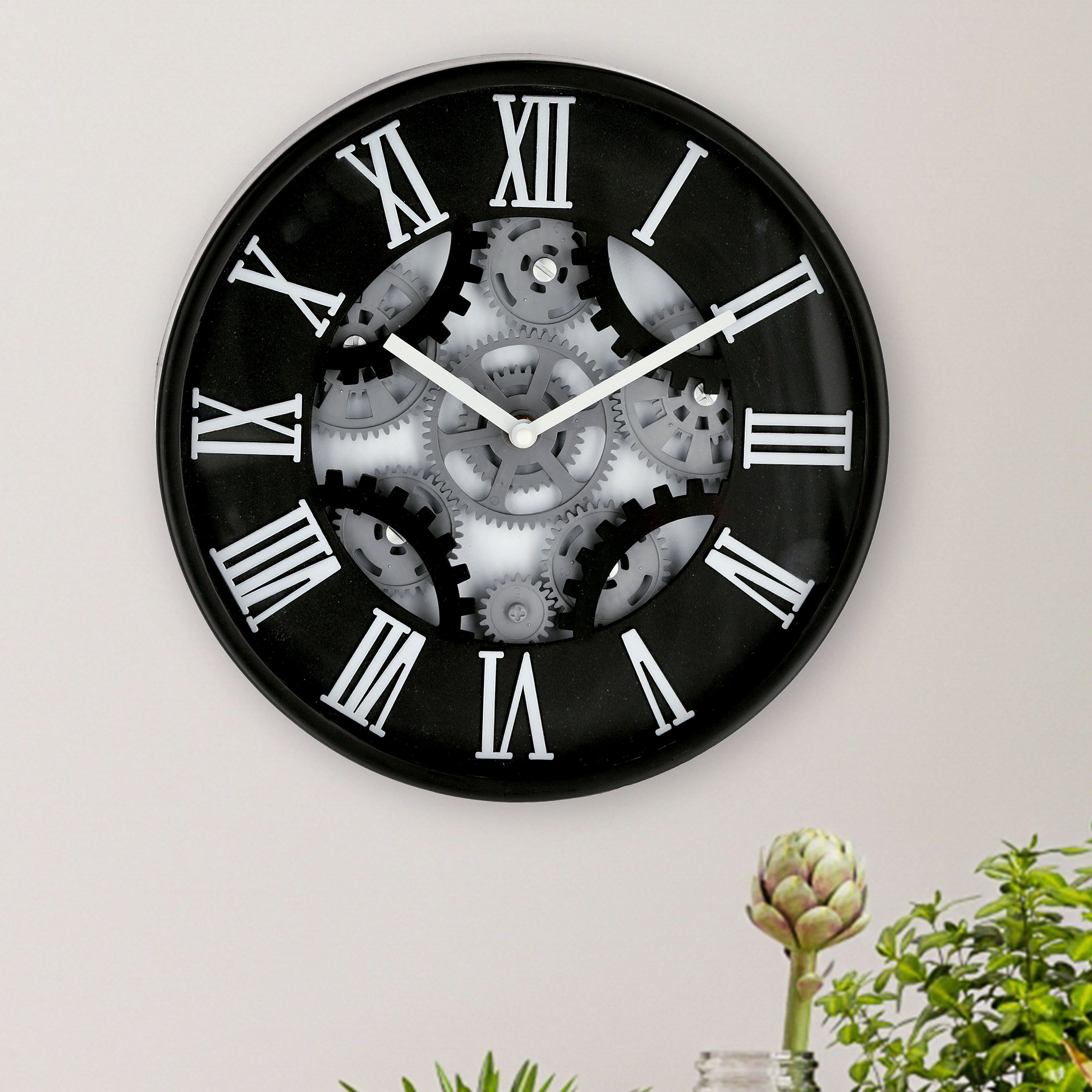 CEPEWA Wanduhr Wanduhr Zahnrad schwarz Ø30x5,5cm Batterie