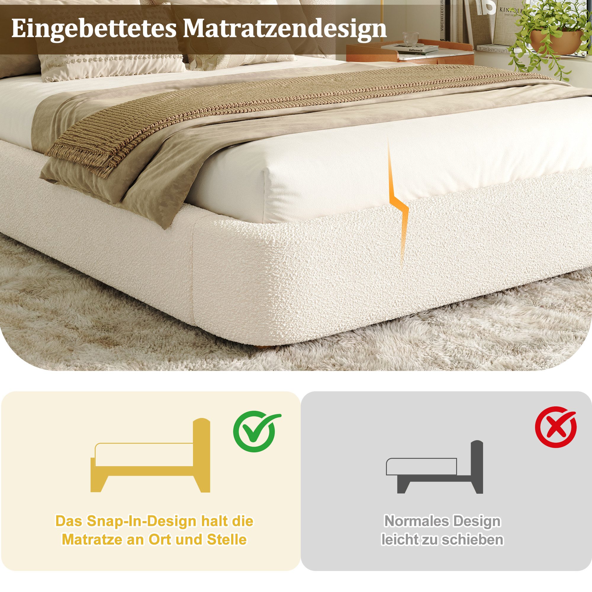 i@home Polsterbett Doppelbett 160 x 200 cm (Doppelbett mit gepolstertem Kopfteil), hydraulischem Stauraum & Lattenrost, Beige – Bild 3 von 5