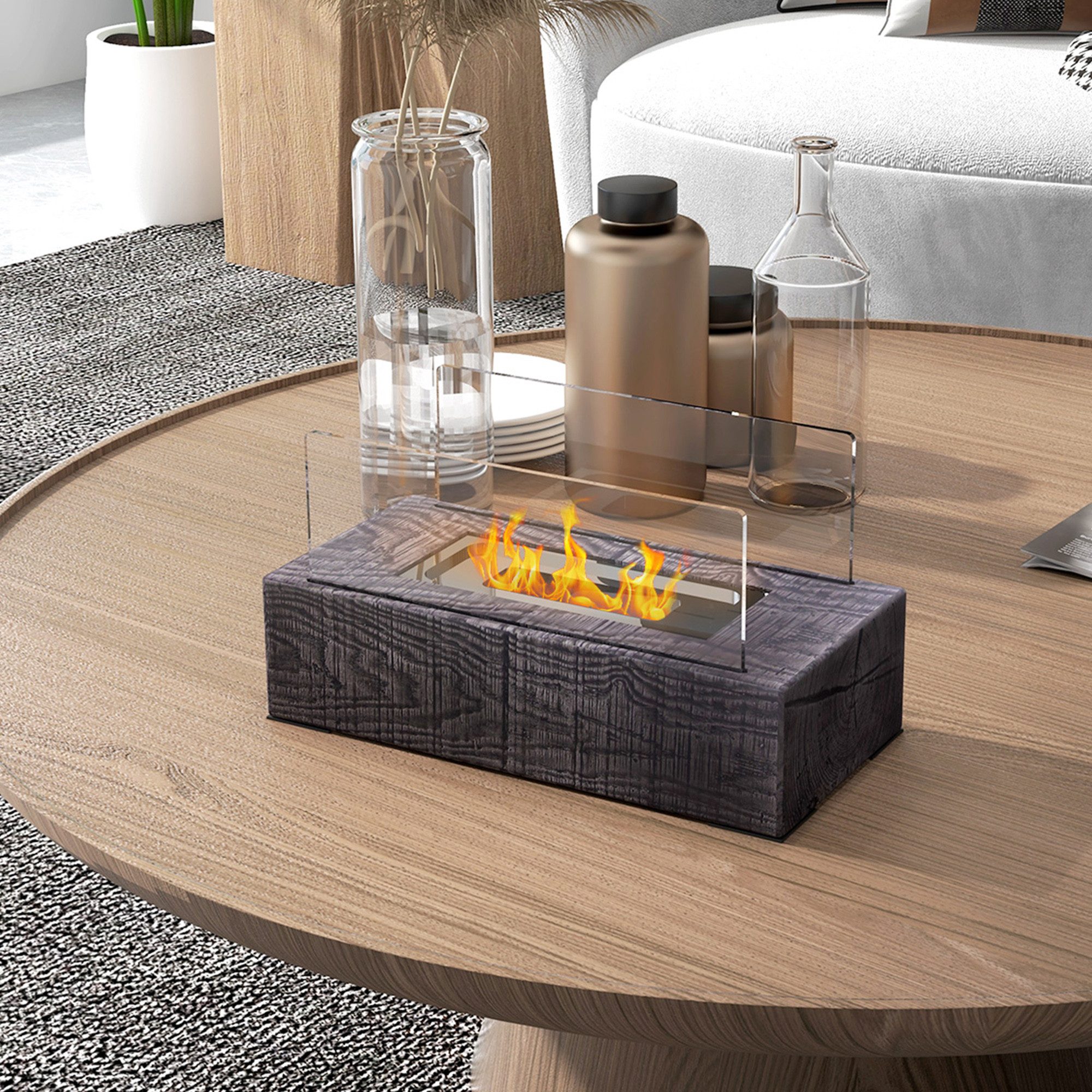 HOMCOM Echtfeuer-Dekokamin 1000BTU Tischfeuer, 0,15L Bio-Ethanol Kamin (Ethanol Kamin, Tischkamin), mit Bioethanol Brenner, Edelstahl, Grau
