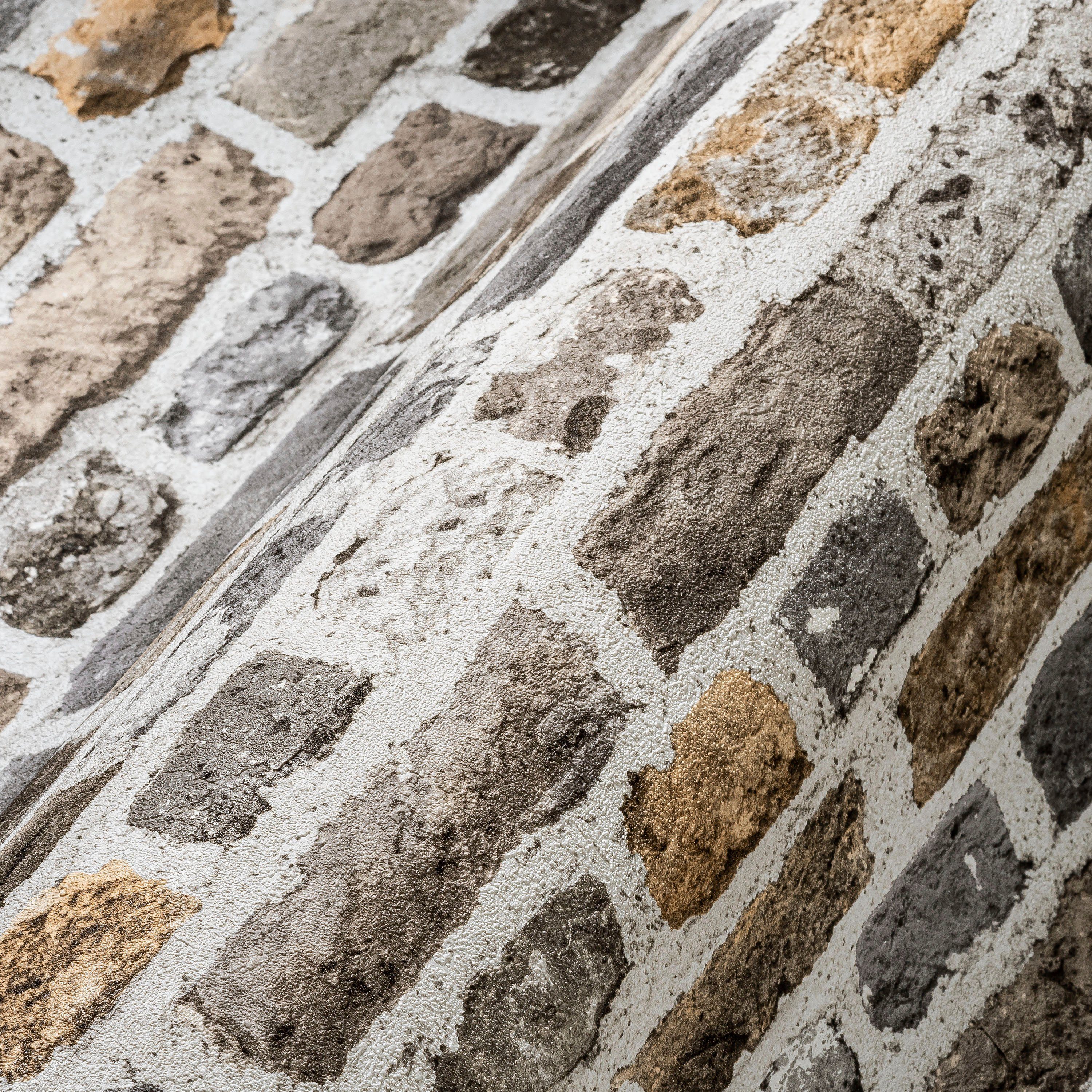 A.S. Création Vliestapete Bricks & Stones Backstein Steinoptik, leicht strukturiert, gemustert, matt, neutral, (1 St), Steintapete Backstein Tapete Tapeten Wohnzimmer Schlafzimmer Küche