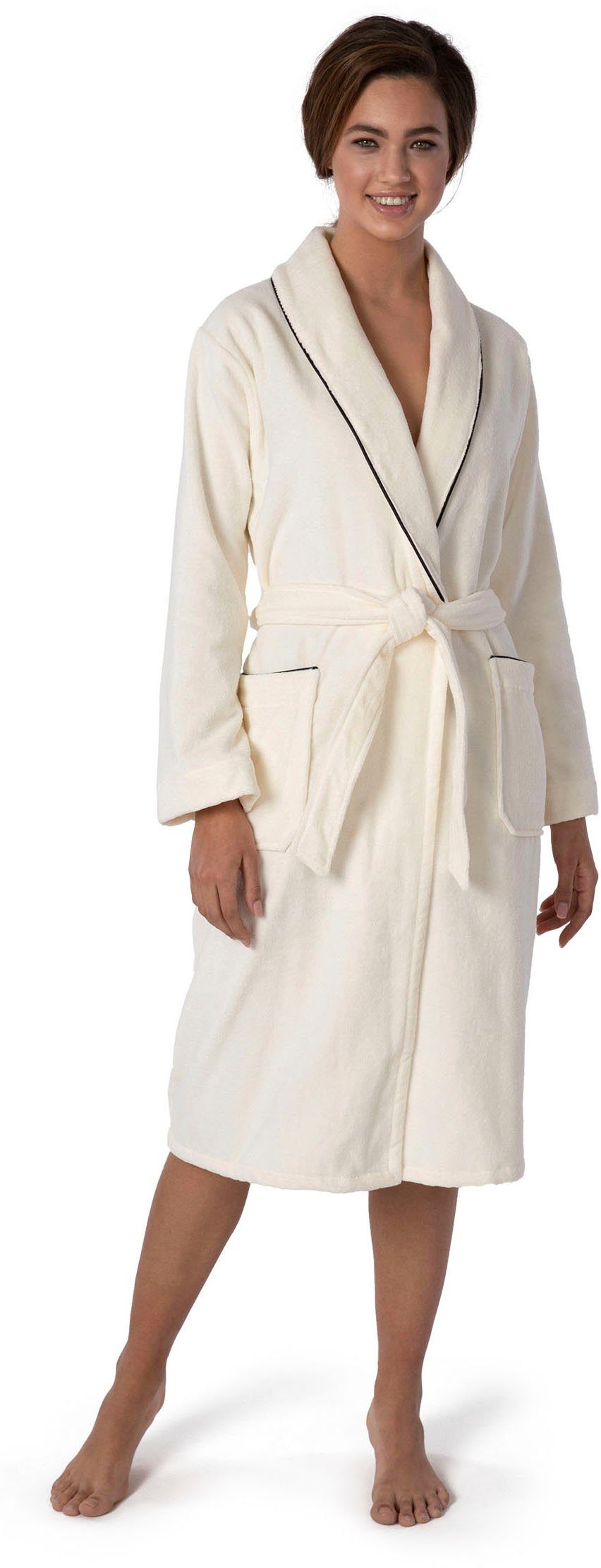 Möve Unisex-Bademantel Schalkragen Velours, ideal für Sauna & Spa, Hotelbademantel, Langform, Velours, Schalkragen, Gürtel, edel gestalteter Saum