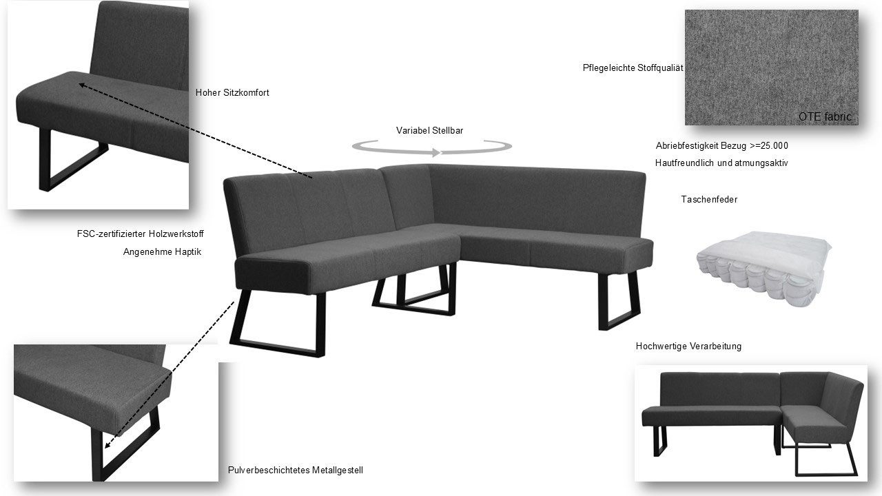 OTTO home Eckbank Gladiole, (Sitzbank, Esszimmerbank, Bank), mit Taschenfederkern, schwarzes Metallgestell, Breite 190 cm
