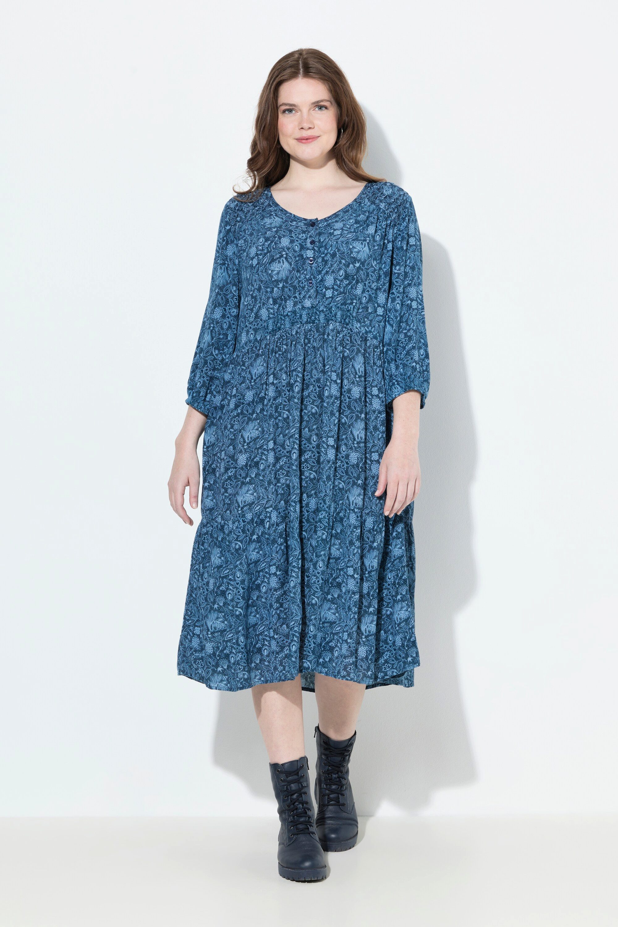 Midikleid Kleid Blüten A-Linie V-Ausschnitt 3/4-Arm