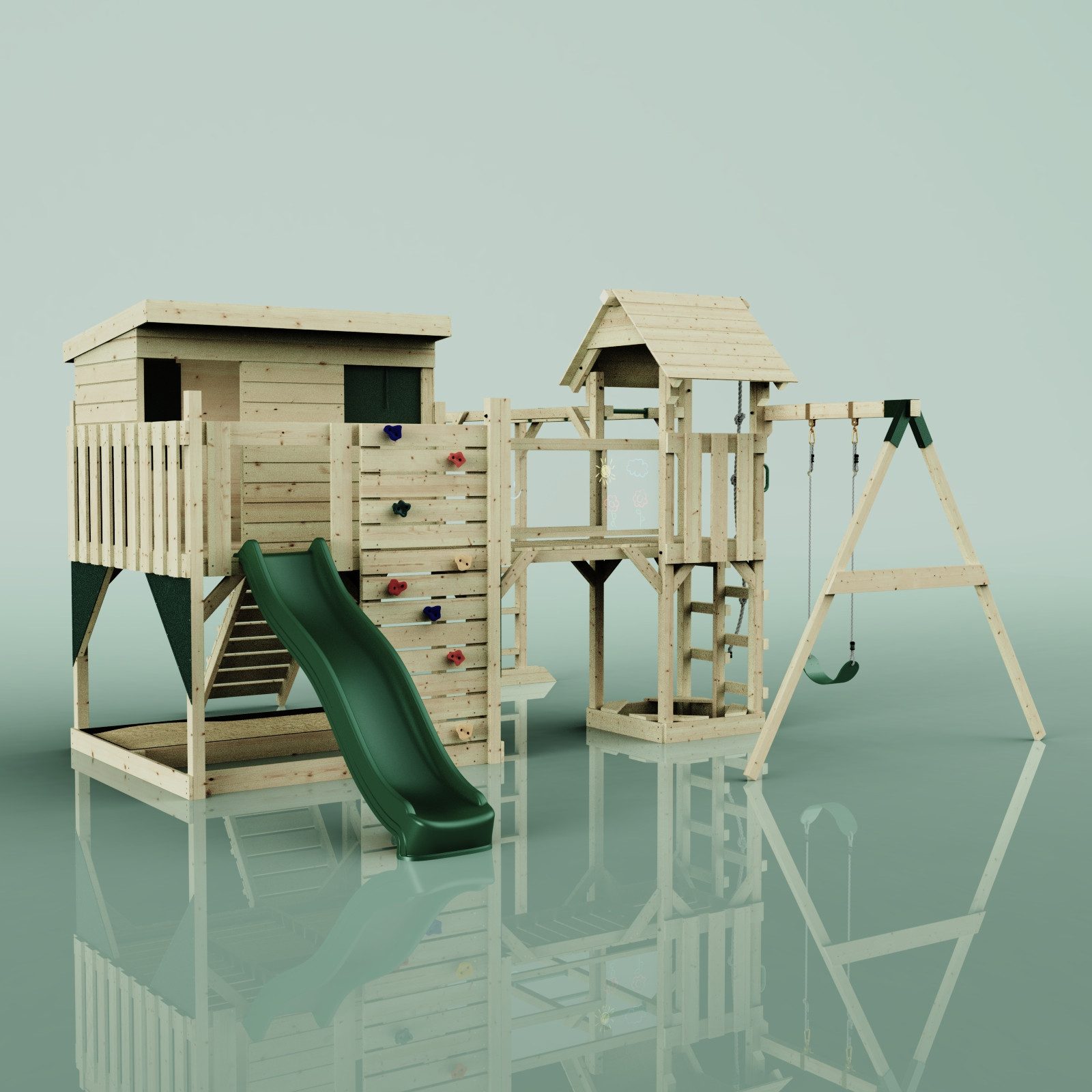 OutdoorToys Spielturm Inga, aus Holz in Dunkelgrün mit Kinderschaukel & Rutsche