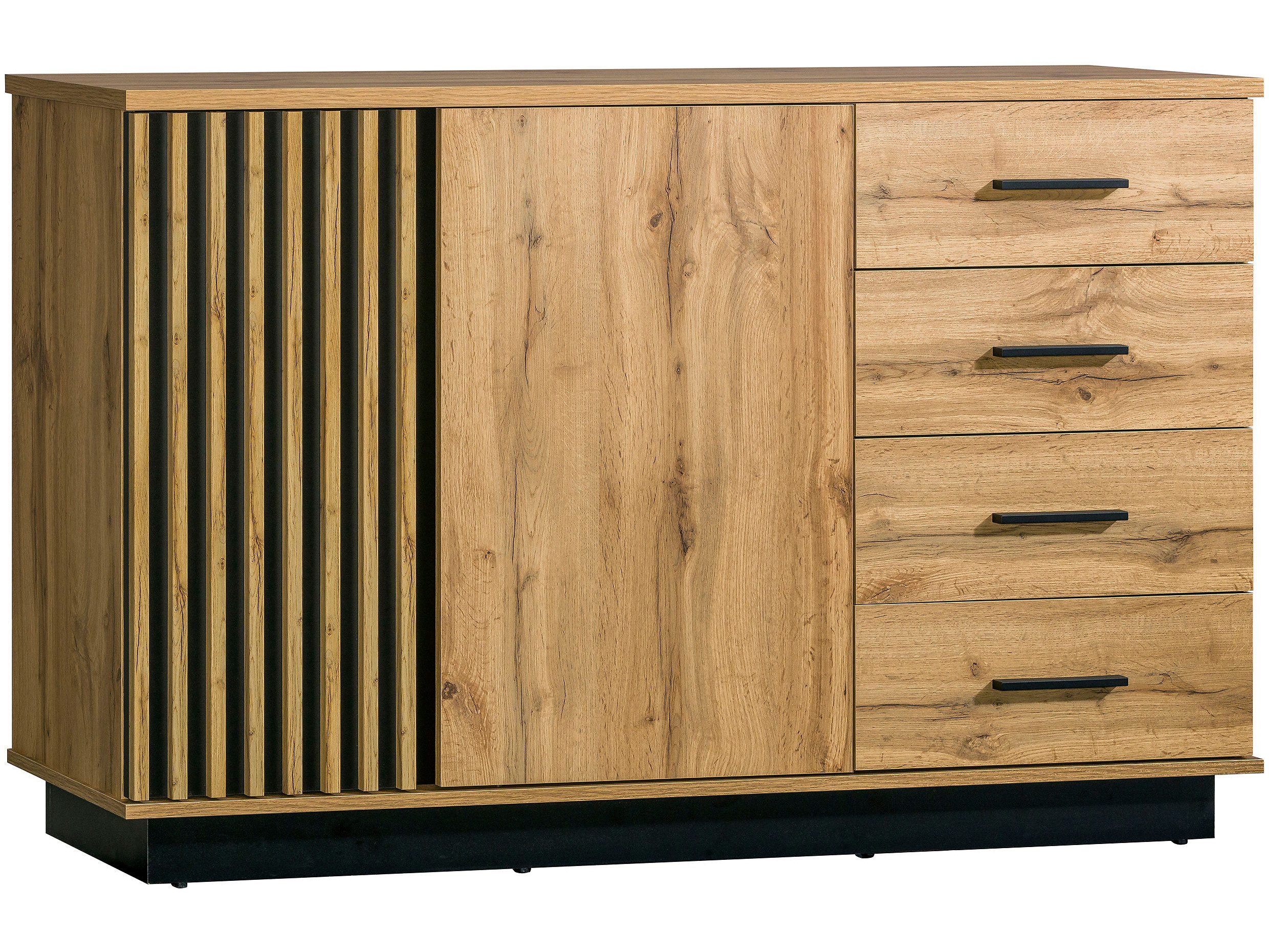 Beautysofa Kommode Lamelo mit 4 Schubladen und 2 Türen (Lamellenfront, Eiche Wotan/Schwarz, modernes Loft-Design), zweitürig, mit Dekorlamellen