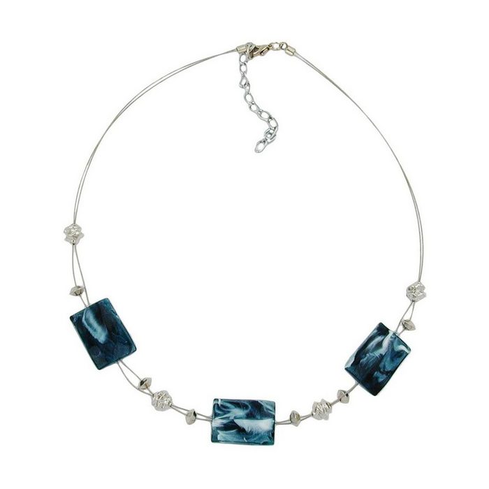 Gallay Perlenkette Drahtkette Viereck gewellt stahlblau-weiß Kunststoffperlen 45cm