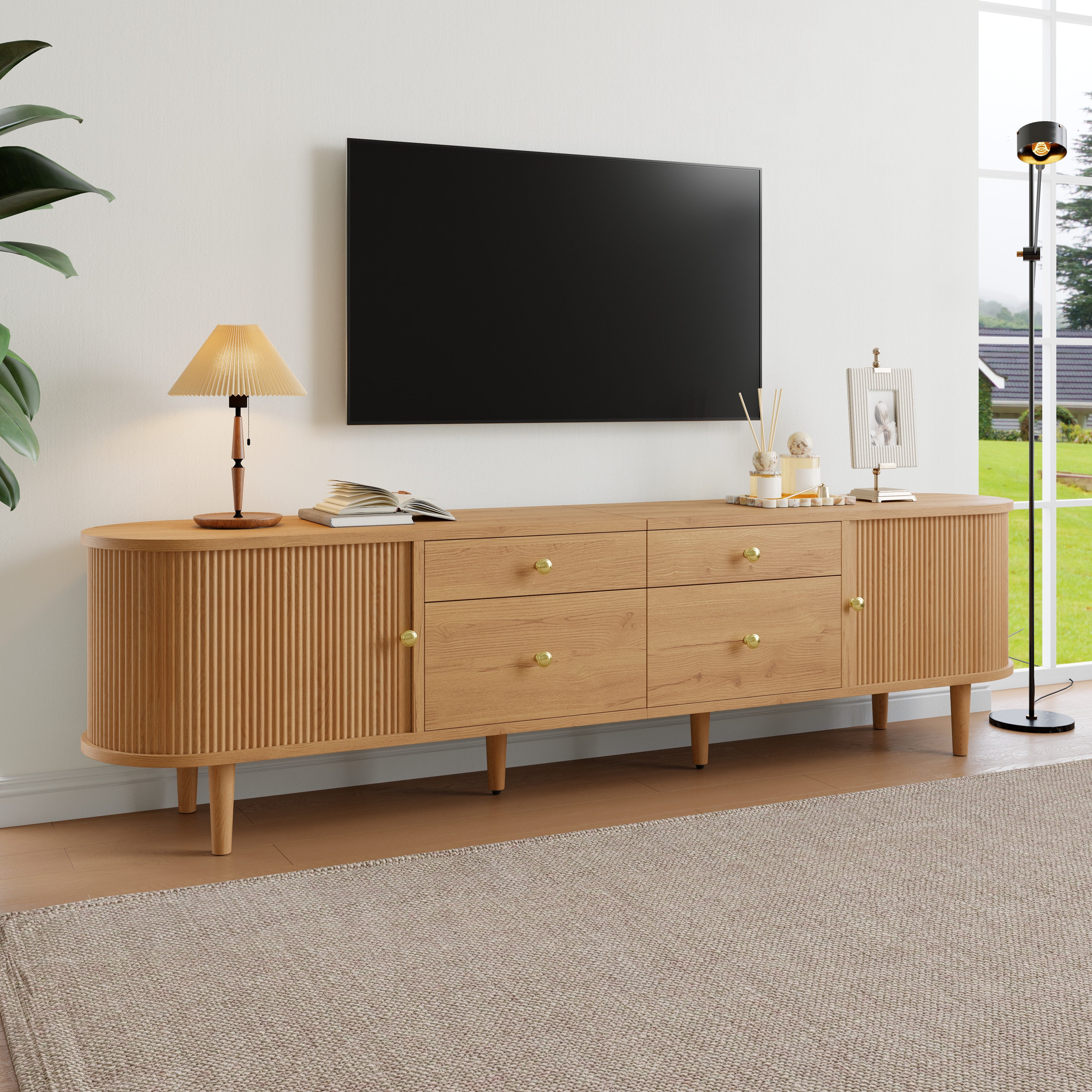 KLAM HOME Lowboard TV‑Lowboard 180cm mit abgerundeten Enden & Wellen‑Schiebetüren (Moderner Fernsehschrank mit 4 Schubladen und stabilen Holzfüßen), Stabiler TV‑Schrank in Nussbaum‑ und Natur‑Optik für das Wohnzimmer