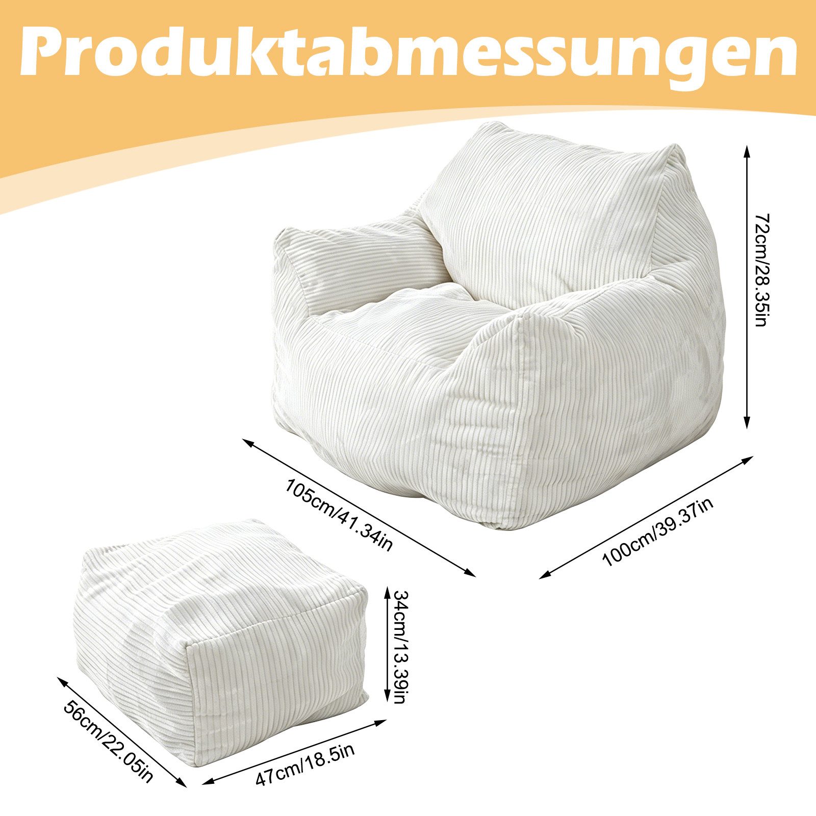 TWSOUL Sitzsack mit Hocker, Cord Bean Bag Chair mit hochdichtem Schaumstoff, weiches Loungesofa für Wohnzimmer, Gaming & Lesen, Beige