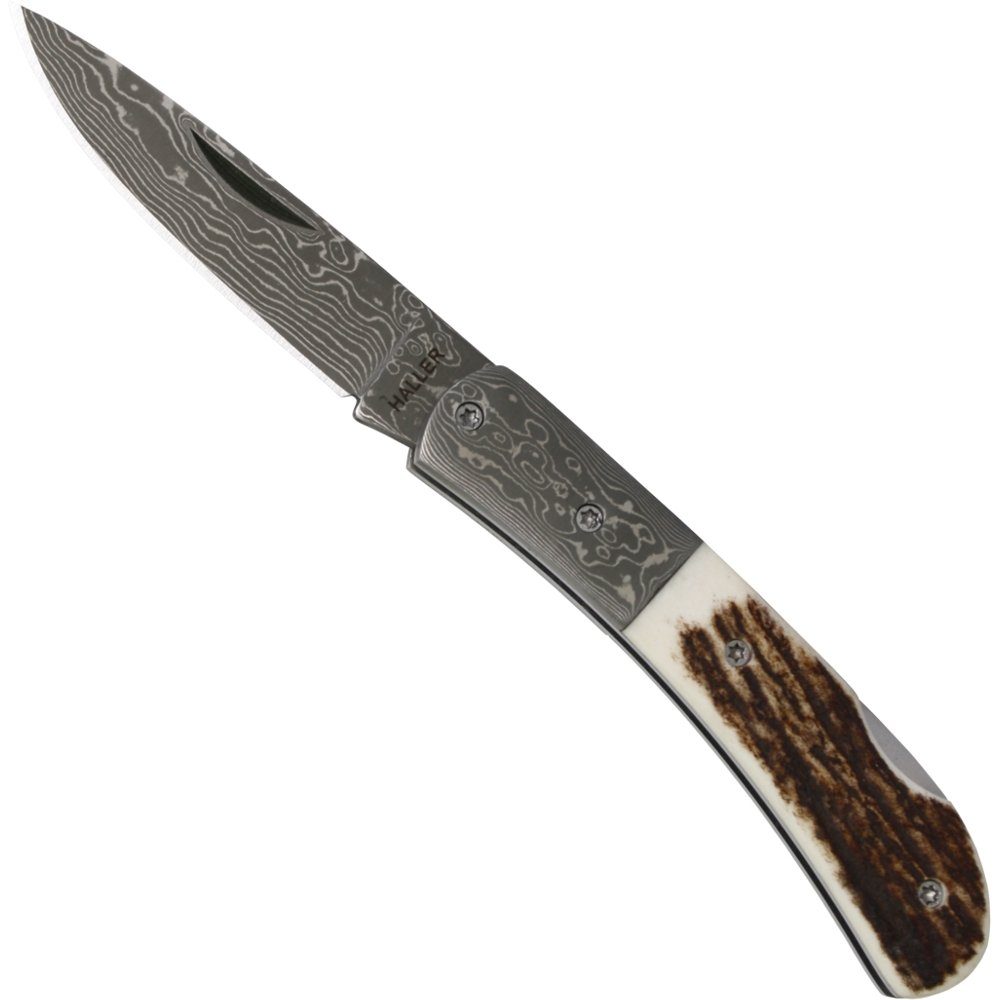 Haller Messer Taschenmesser Damast Schließmesser mit Hirschhorngriff Backlock | Taschenmesser