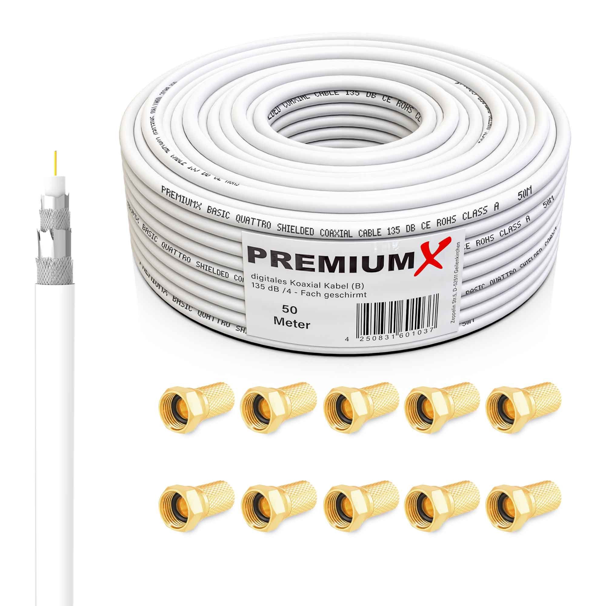 PremiumX 50m BASIC Koaxialkabel 135dB 4-fach SAT Koax Kabel 10x F-Stecker SAT-Kabel