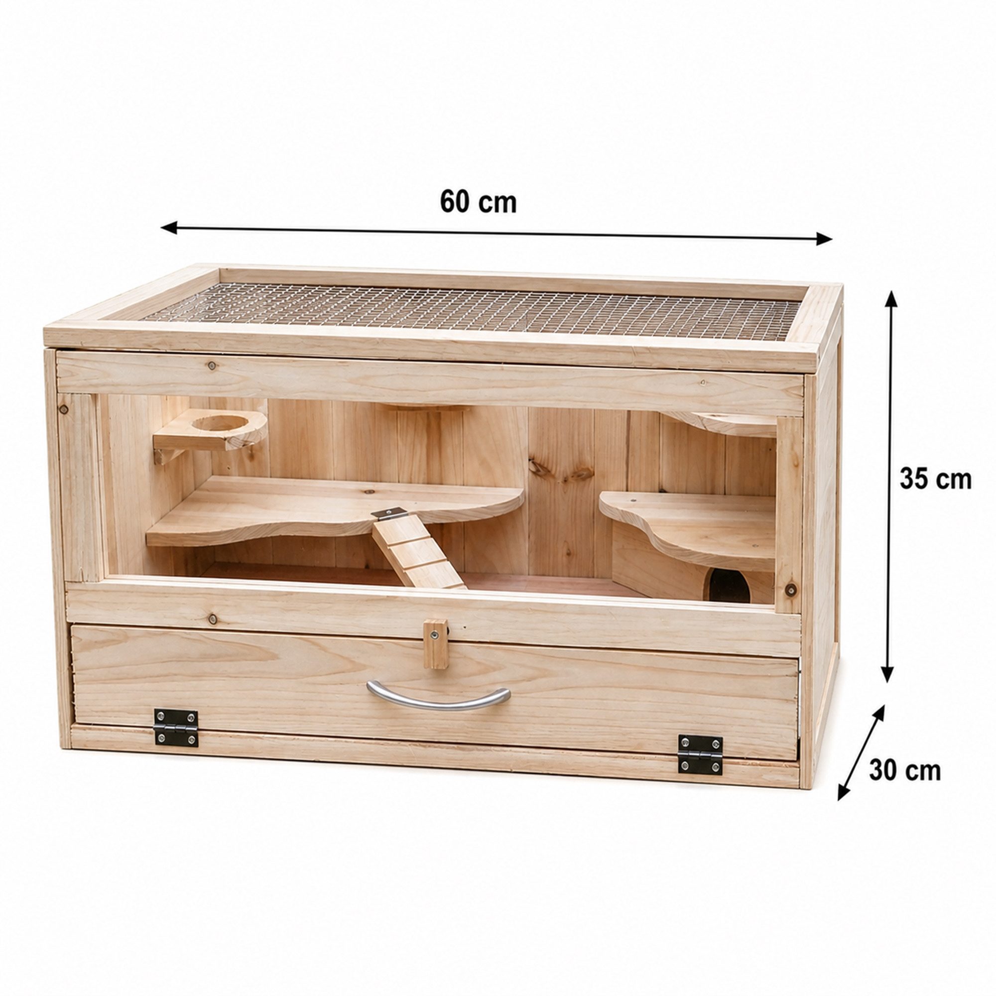 Mucola Kleintierkäfig Nagerkäfig mit 2 Ebenen für Hamster & Kaninchen Gitterkäfig Naturholz, Plexiglas-Front, 2 Ebenen und integriertes Häuschen