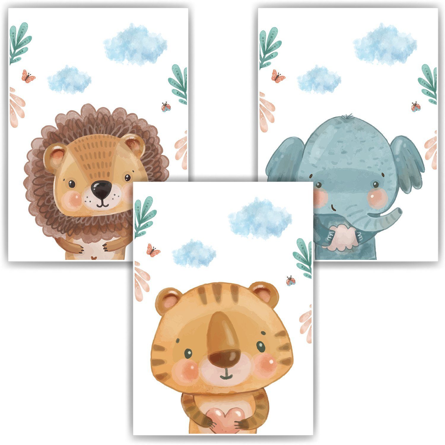 Poster Safari Tiere 3er Set Bilder Löwe Tiger Elefant Kinderzimmer Deko