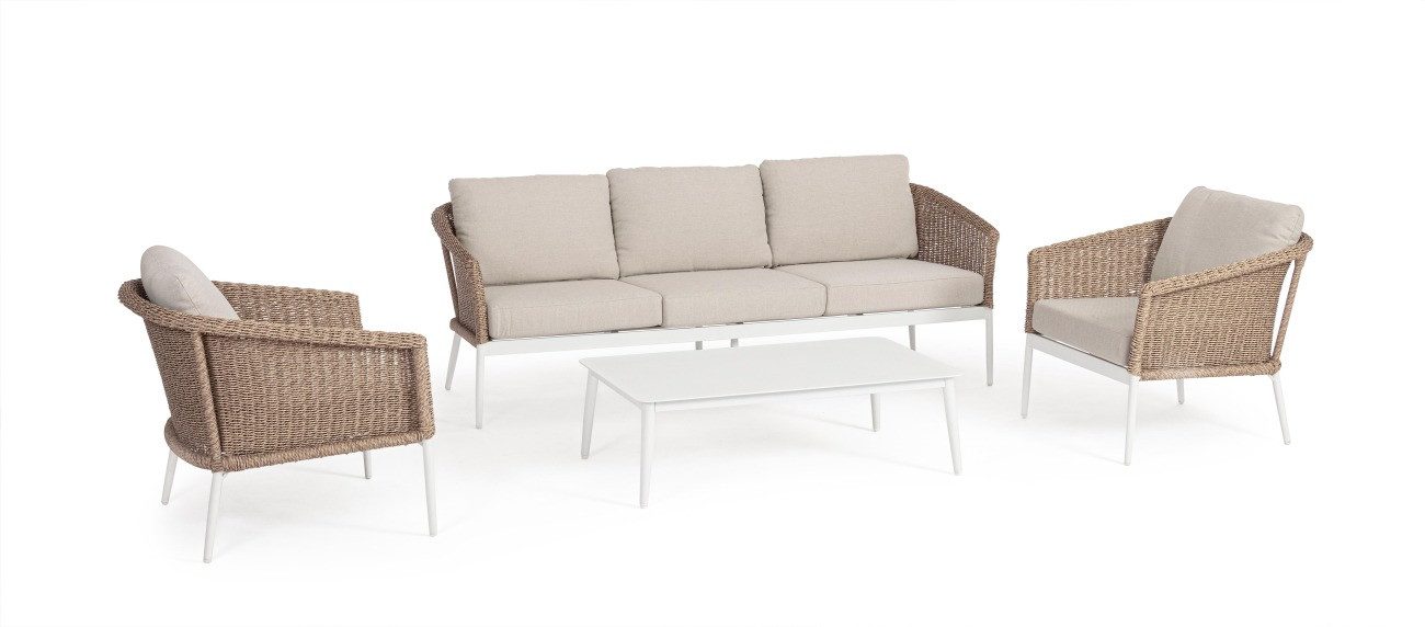 Feeling4Home Gartenlounge-Set Oceana 4er Gruppe, Weiß, 2x Sessel, 1x Sofa, 1x Couchtisch