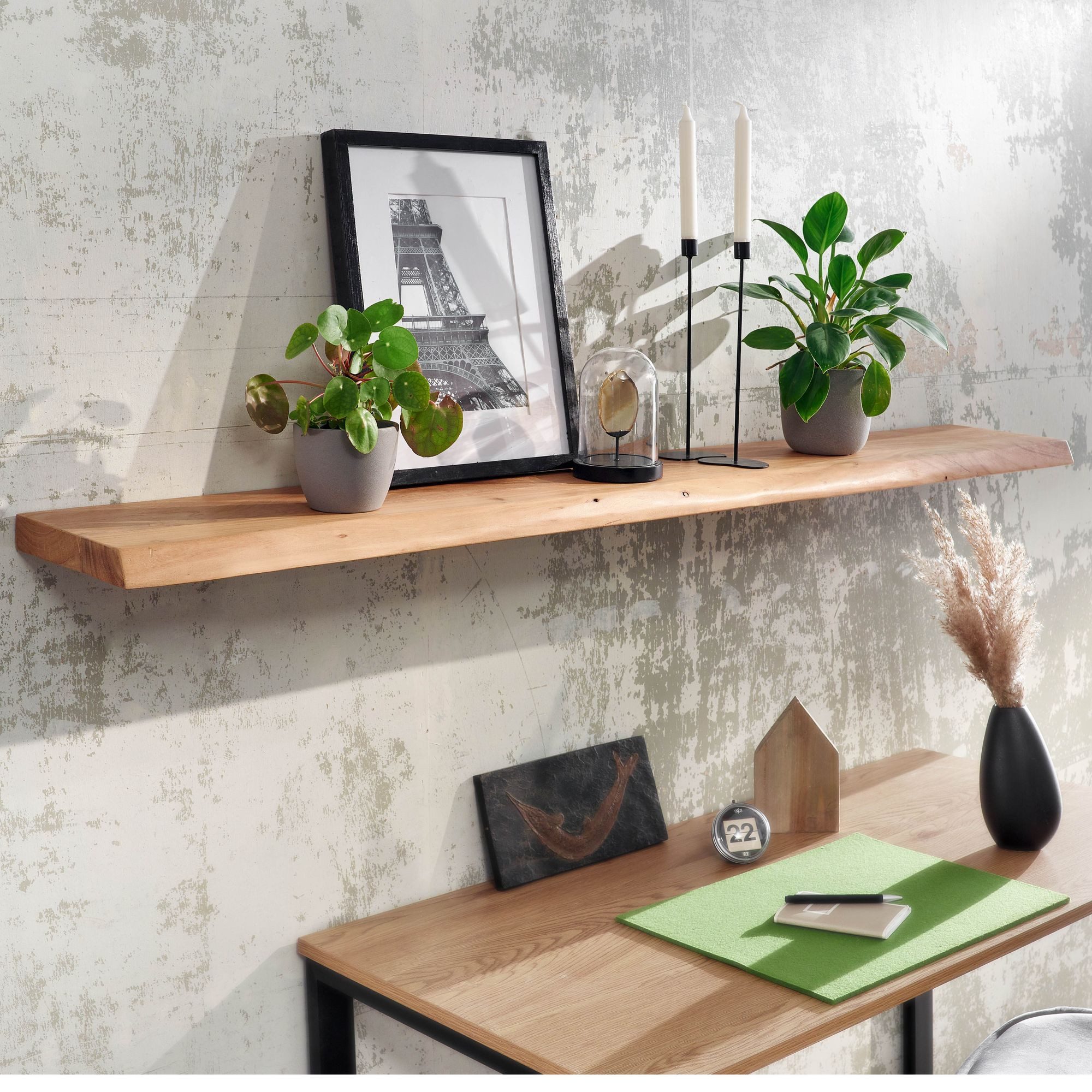 FINEBUY Wandregal FB31358 Baumkante Akazie Holz Schweberegal Regal Massiv Hängeregal, mit Baumkante Akazie Massivholz 160 cm hängend, Hängeregal schwebend, Schweberegal Wand Wohnzimmer