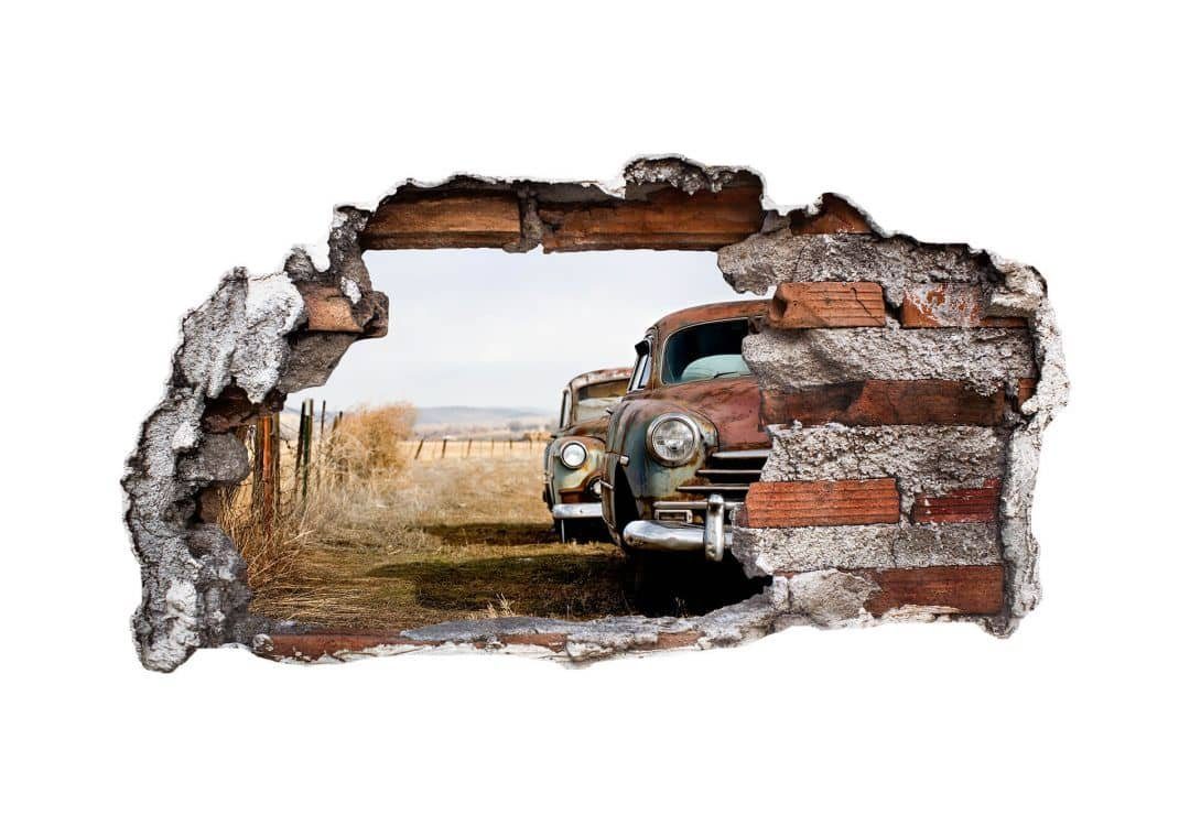 K&L Wall Art Wandtattoo 3D Wandtattoo Oldtimer Vintage Auto Nostalgie Klassiker Rusted Cars, Mauerdurchbruch Wandbild selbstklebend
