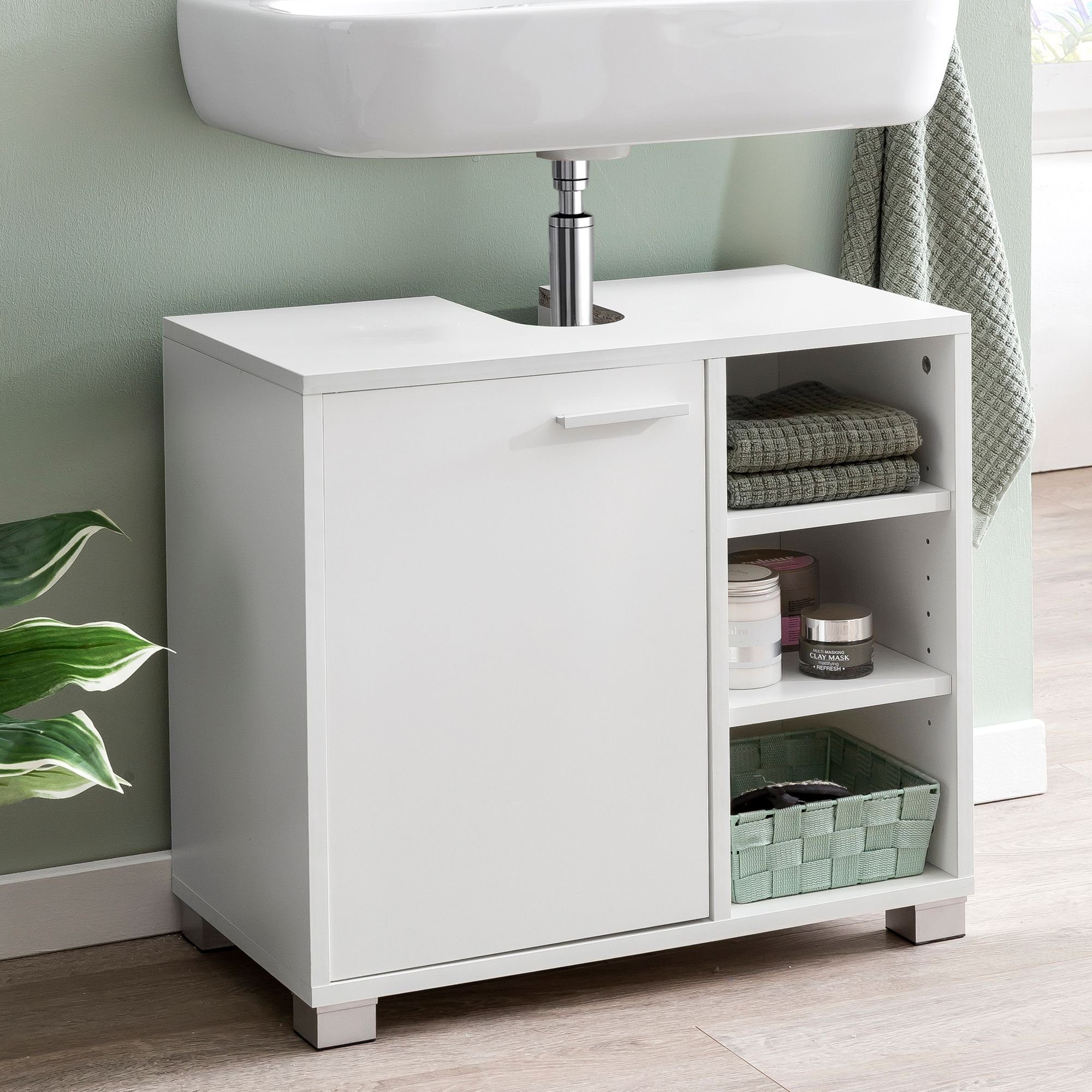 FINEBUY Waschbeckenunterschrank FB51390 (60x55x32cm Badschrank Weiß mit  Tür, Unterschrank) Waschtischunterschrank mit Regal und Tür, Badmöbel