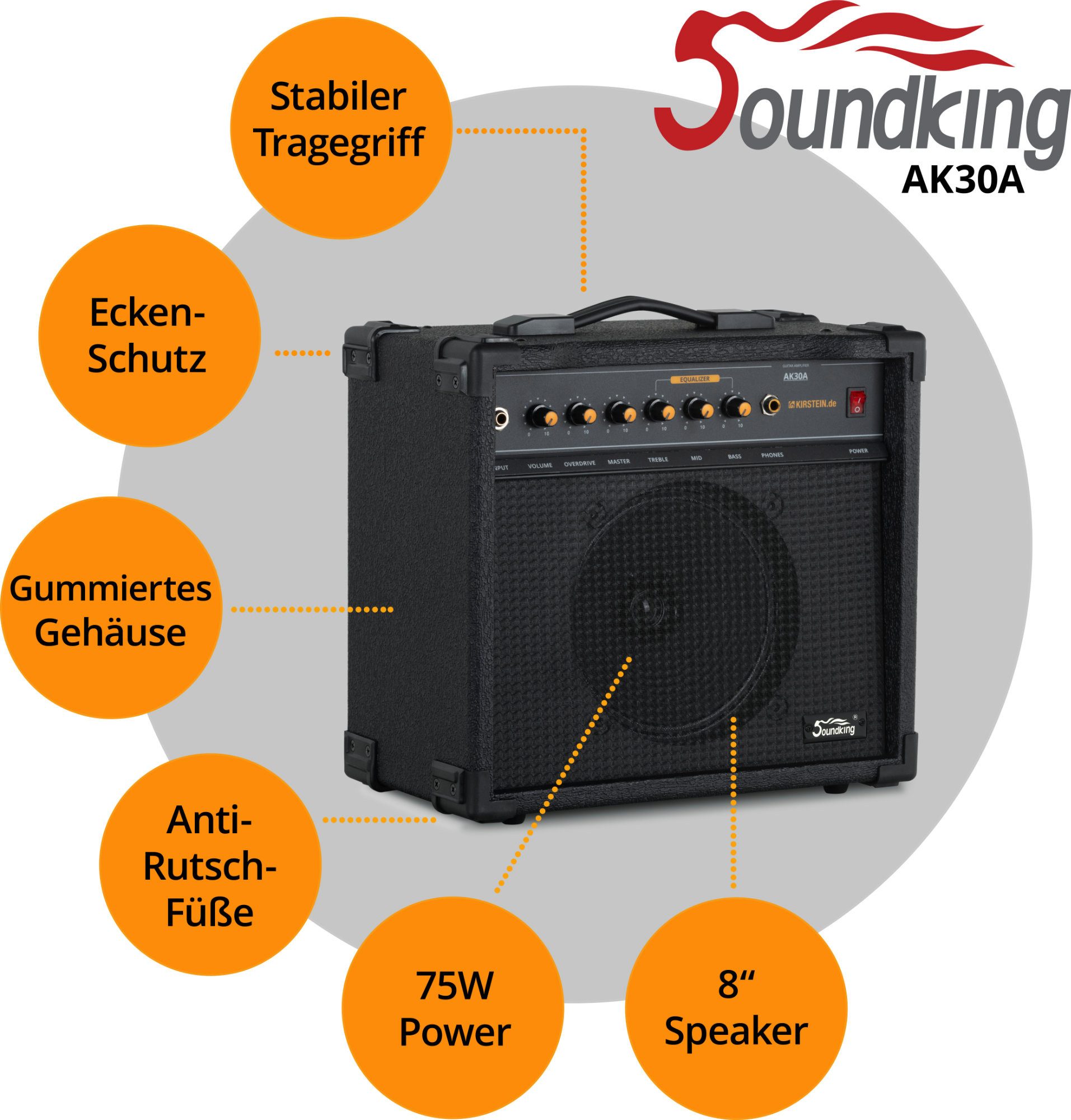 Soundking AK30A Gitarrenverstärker Verstärker (Anzahl Kanäle: 2 (Clean und Overdrive), 75 W, Gitarrencombo - 3-Band EQ: Bässe, Mitten, Höhen - Overdrive)