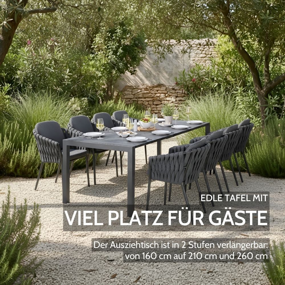 Liadomo Gartentisch Marano, Ausziehtisch mit Kopfauszug, Edelstahl anthrazit (Outdoor-Tisch 160/210/260×90 cm), HPL-Tischplatte, kratzfest & pflegeleicht