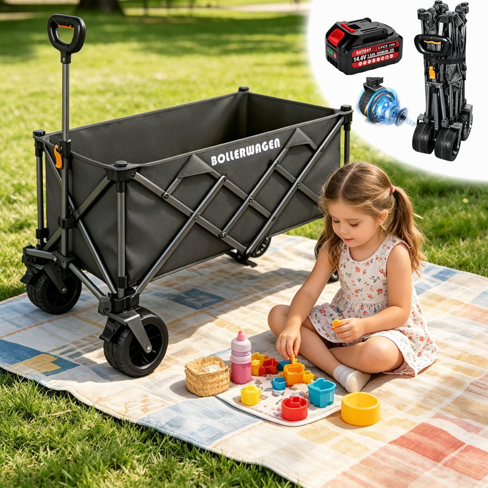 XERSEK Bollerwagen Elektro Bollerwagen Akku 3 Gäng 280L Campingwagen Elektrisch Handwagen (Transportwagen, 50W-Bürstenlos Motor, Kompatibel mit Makita Akkus), Elektrisch & Manuell 2in1 Klappbollerwagen für Camping Strand Einkauf