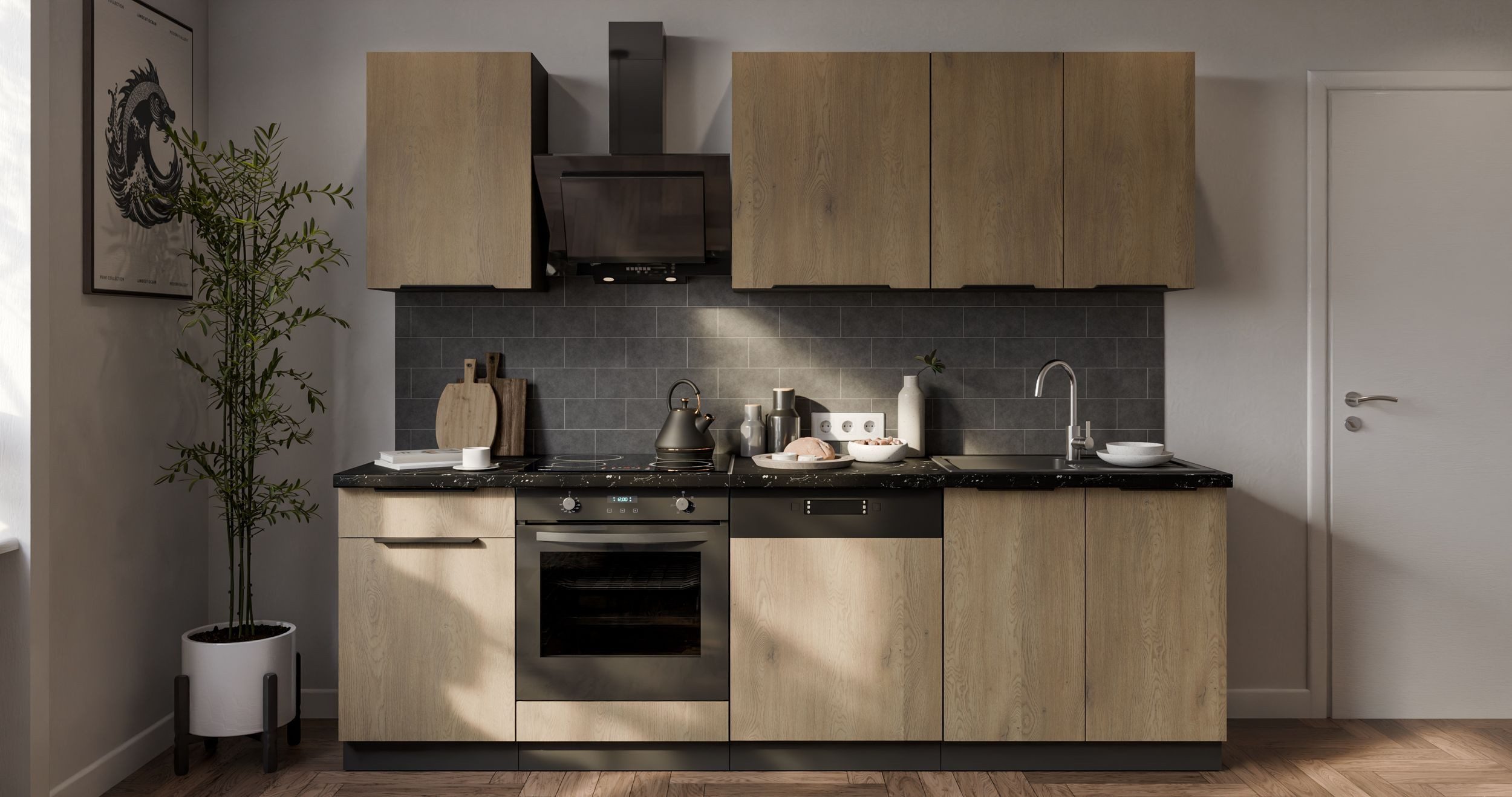 Küchen-Preisbombe Küchenzeile CREMONA Basic 250 cm Eiche hell Küchenblock Küche Einbauküche