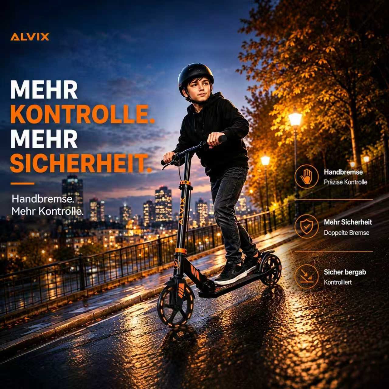 ALVIX Cityroller Kinderroller K-Serie mit Handbremse, (Einzelartikel, 1 Scooter, 1 Tragegurt, 1 Bedienungsanleitung), 200-mm-LED-Räder, breites 120-mm-Deck, faltbar, Tragegurt