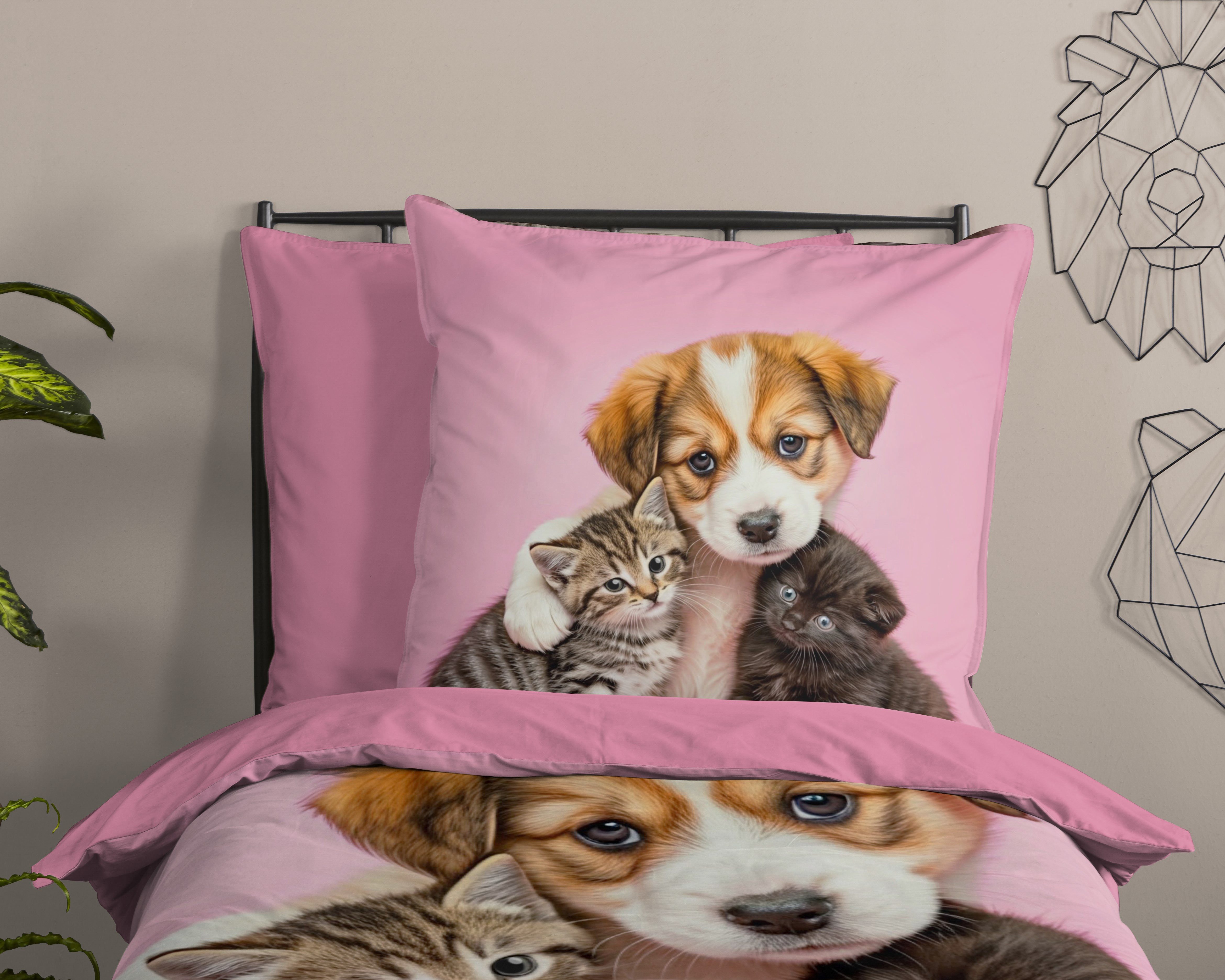 PURE luxury collection Kinderbettwäsche Amis, Microfaser, 2 teilig, Mikrofaser, 135x200, 2 Teilig, Wendeoptik, Mädchen, Hund, Katze