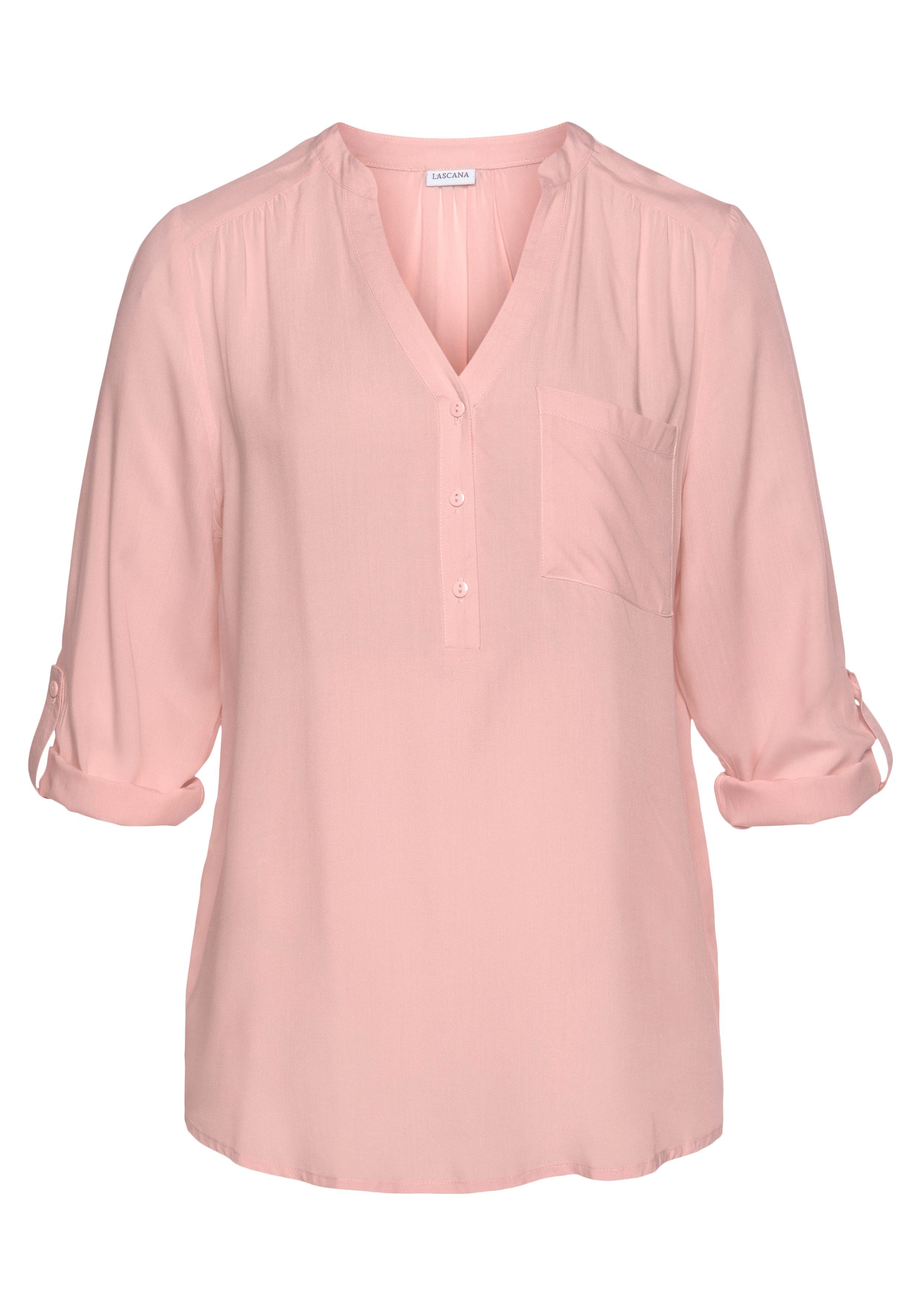LASCANA Schlupfbluse mit 3/4-Ärmeln und kurzer Knopfleiste lockere Damenbluse, Blusenshirt mit Krempelärmel, Business, Basic – Bild 2 von 5