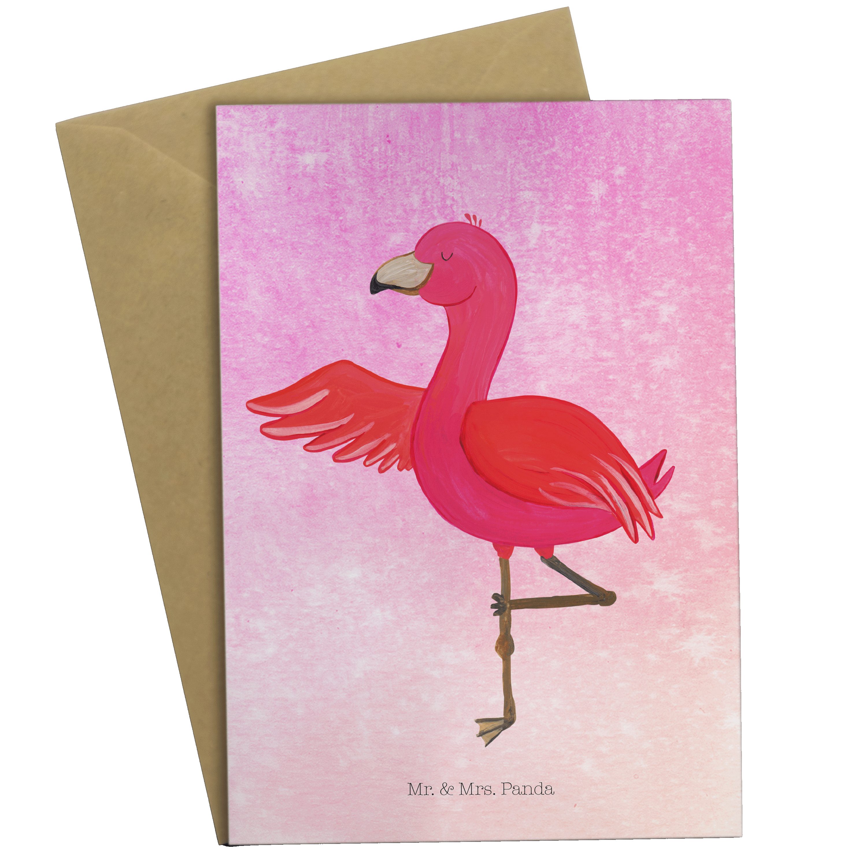 Mr. & Mrs. Panda Grußkarte Flamingo Yoga - Aquarell Pink - Geschenk, Tiefenentspannung, Klappkar