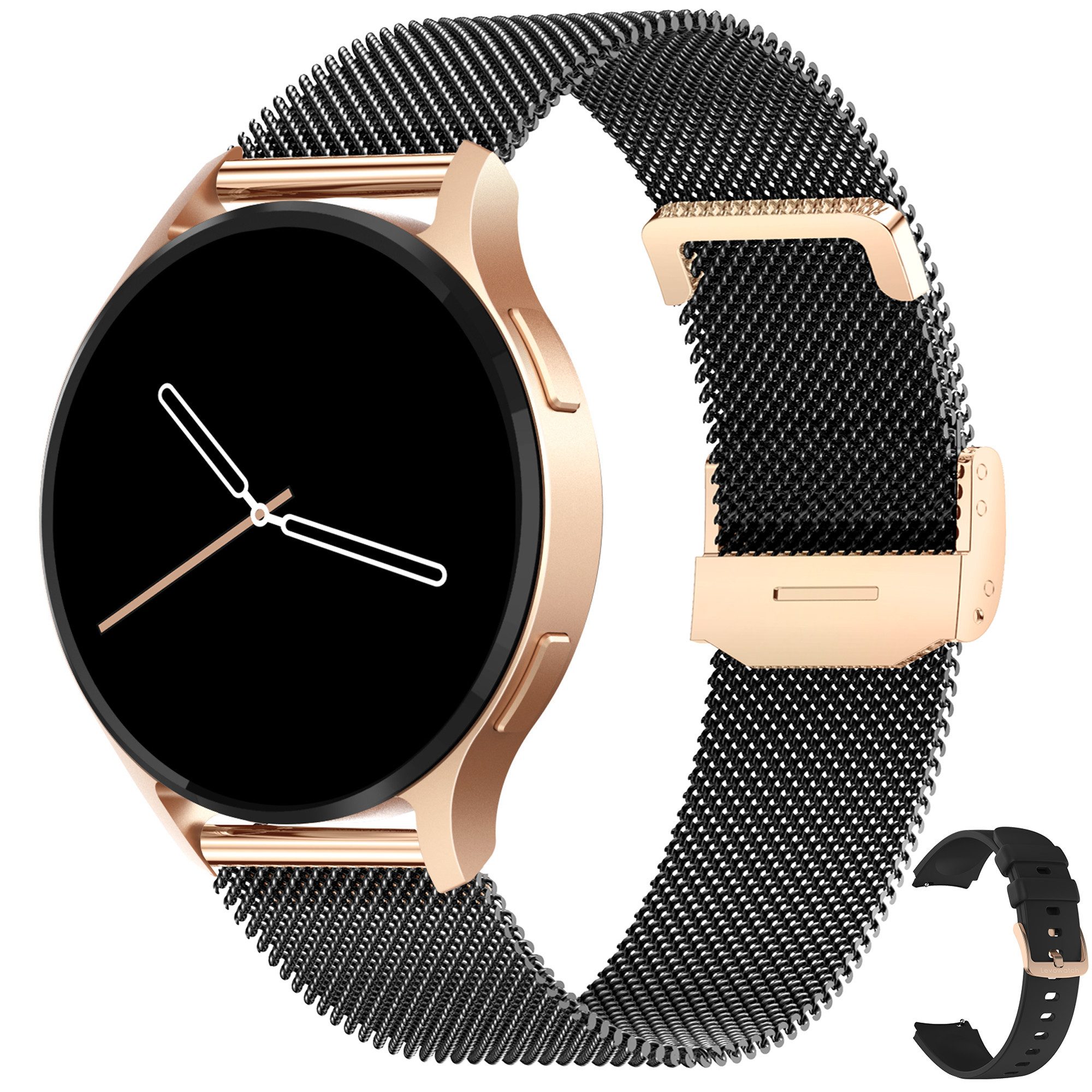 Levowatch EDGY Damen Smartwatch, AMOLED Always-On, KI Steuerung, Fitness Tracker Smartwatch (3,8 cm/1,43 Zoll, Android und iOS) inkl. Wechselarmband, 3 Armbänder, goldfarben, Edelstahlgehäuse, Telefonfunktion, Sprachsteuerung, Puls, Schlafüberwachung, was